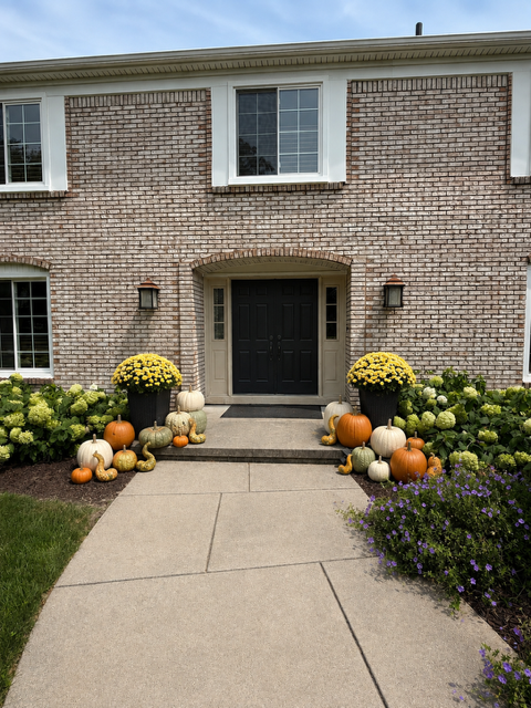 Fall pumpkins and colorful flowers decorate the front entrance of a brick house with black door and window.