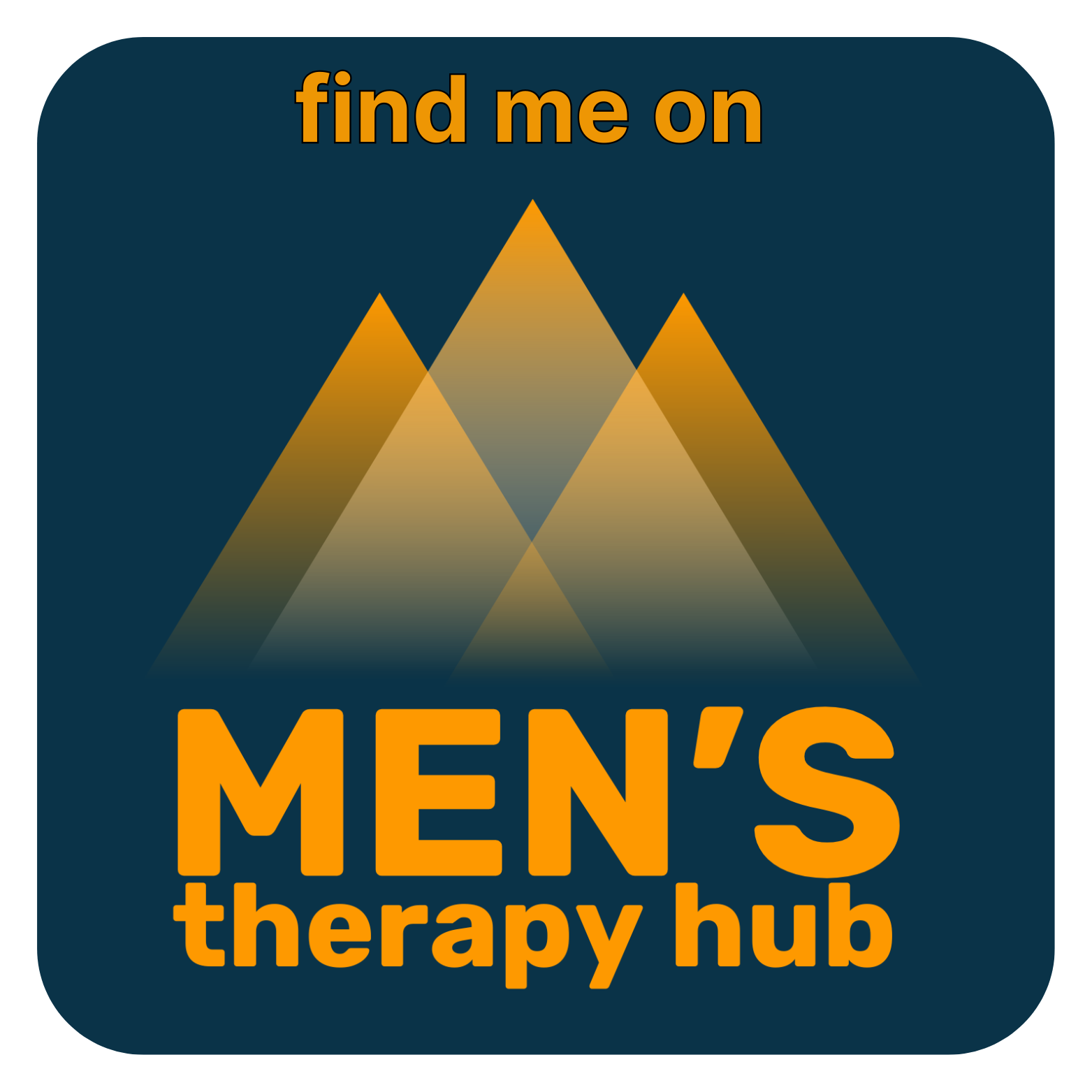 Logo for MEN'S therapy hub with stylized mountain peaks and the text 'find me on MEN'S therapy hub' in orange and dark background.