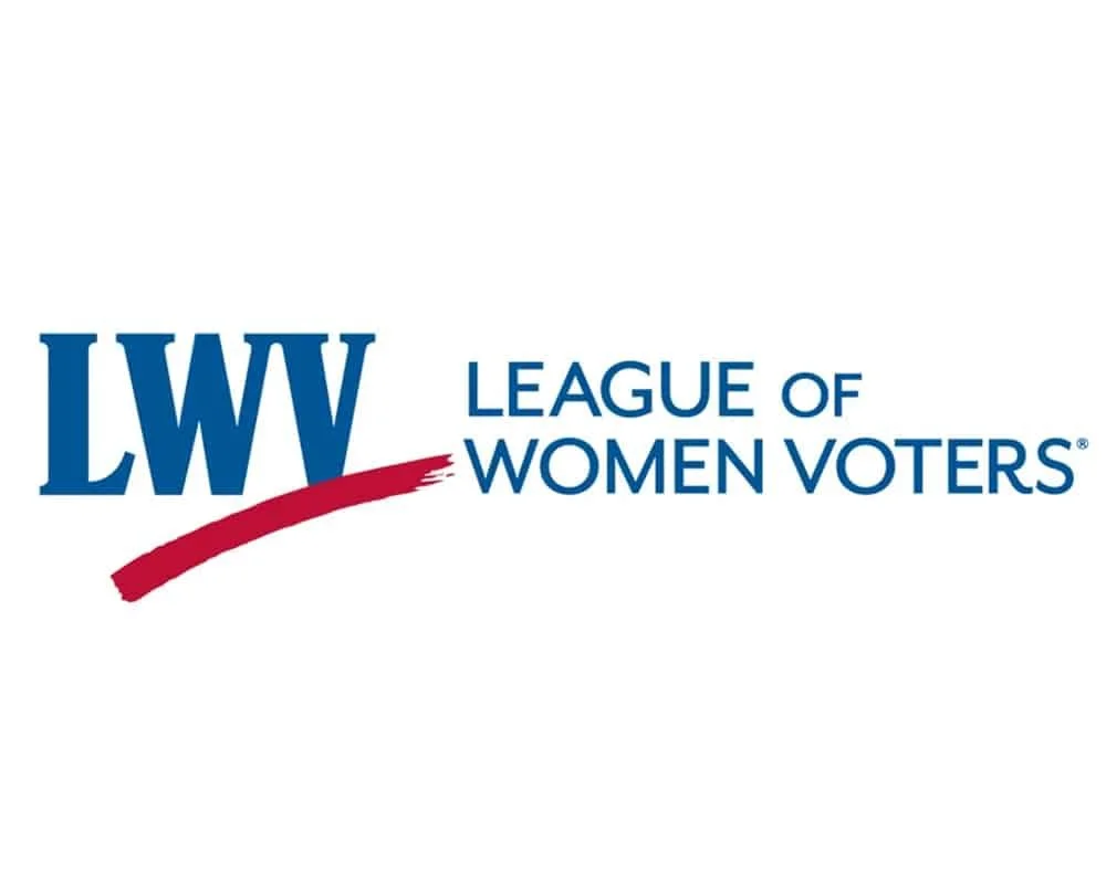 Logo of the League of Women Voters with the initials LWV and the full name written in blue and a red swoosh underneath.