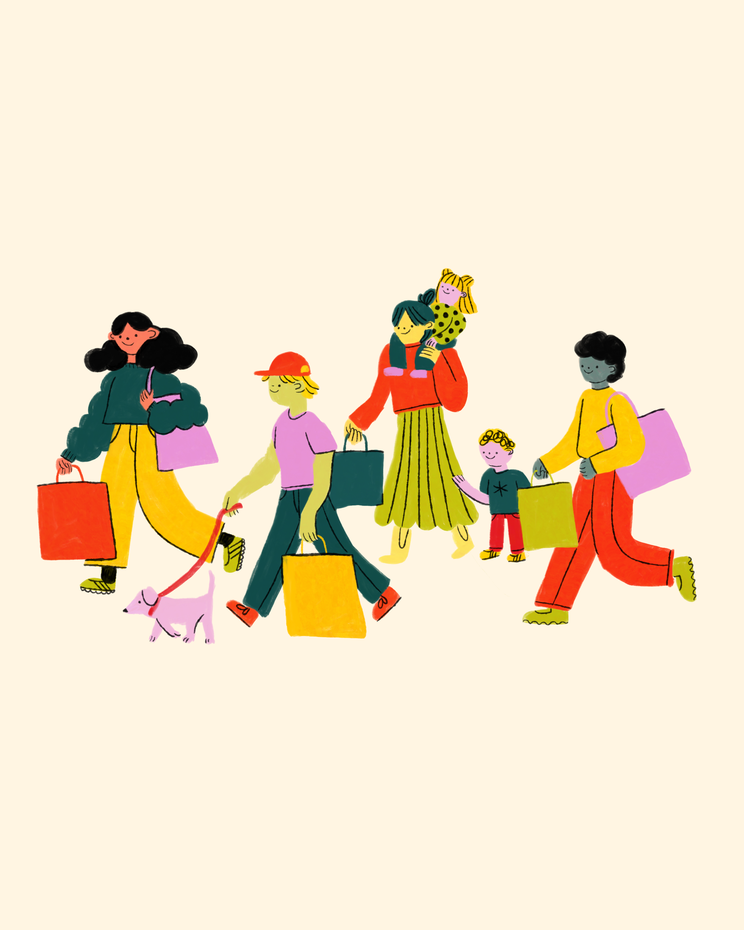 Illustration of diverse people walking with shopping bags, some holding umbrellas and a dog, in a casual outdoor scene.