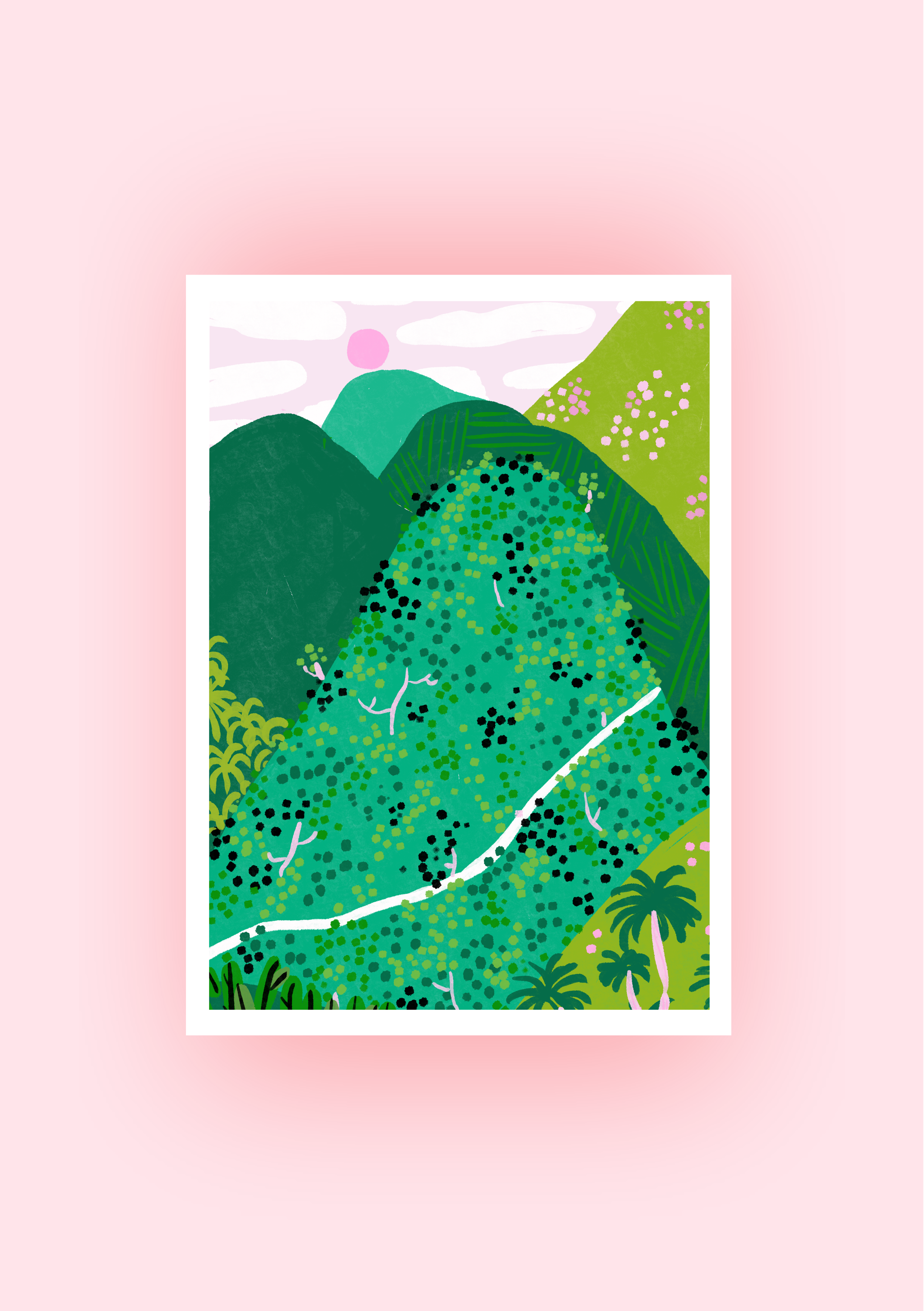 Colorful illustration of a mountain landscape with green hills, pink blossoming trees, a winding white path, and a pink sun in the sky, set against a soft pink background.