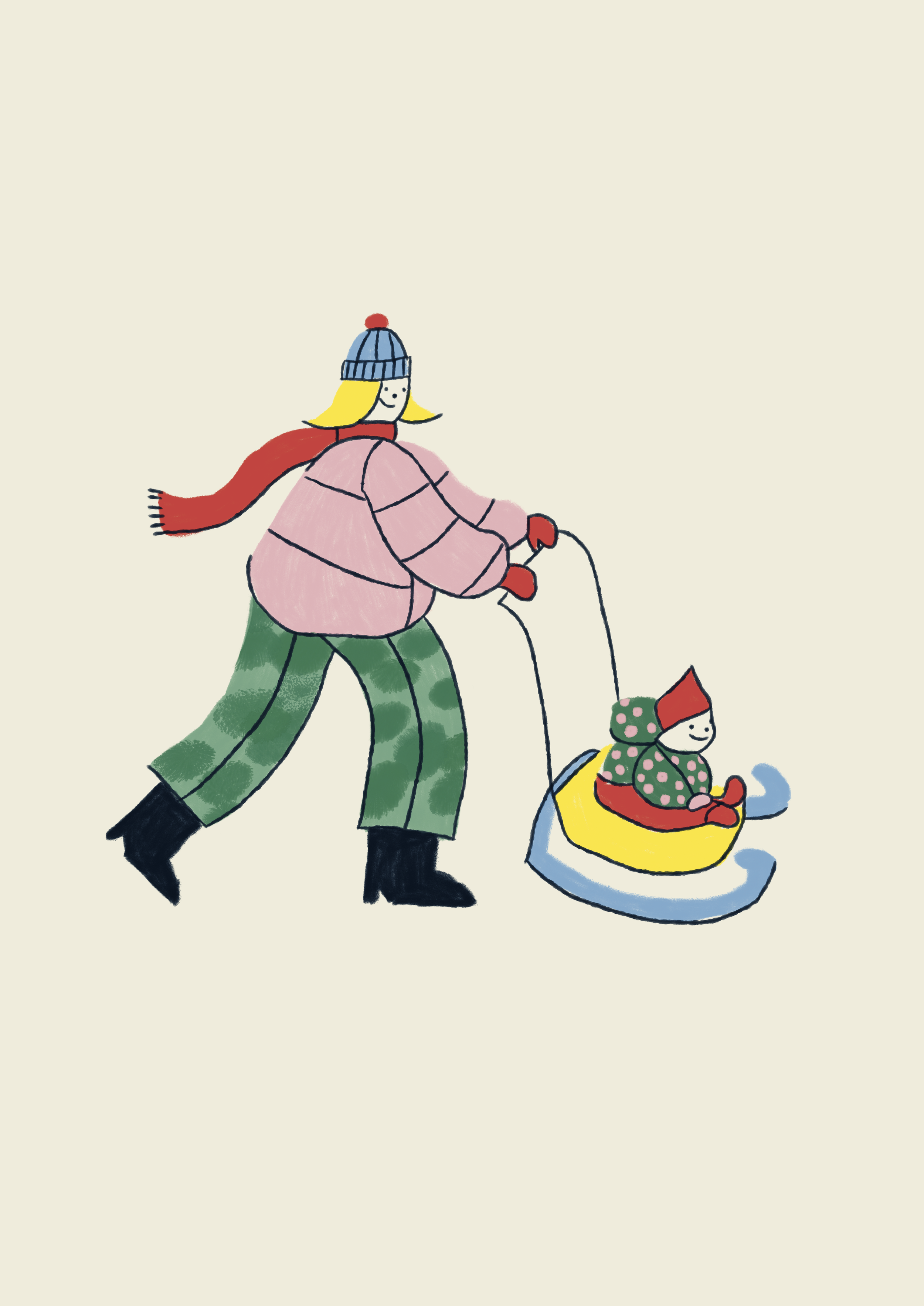 A child in a pink coat and green pants pulling a sled with a smaller child in a coat and hat sitting on it, while walking