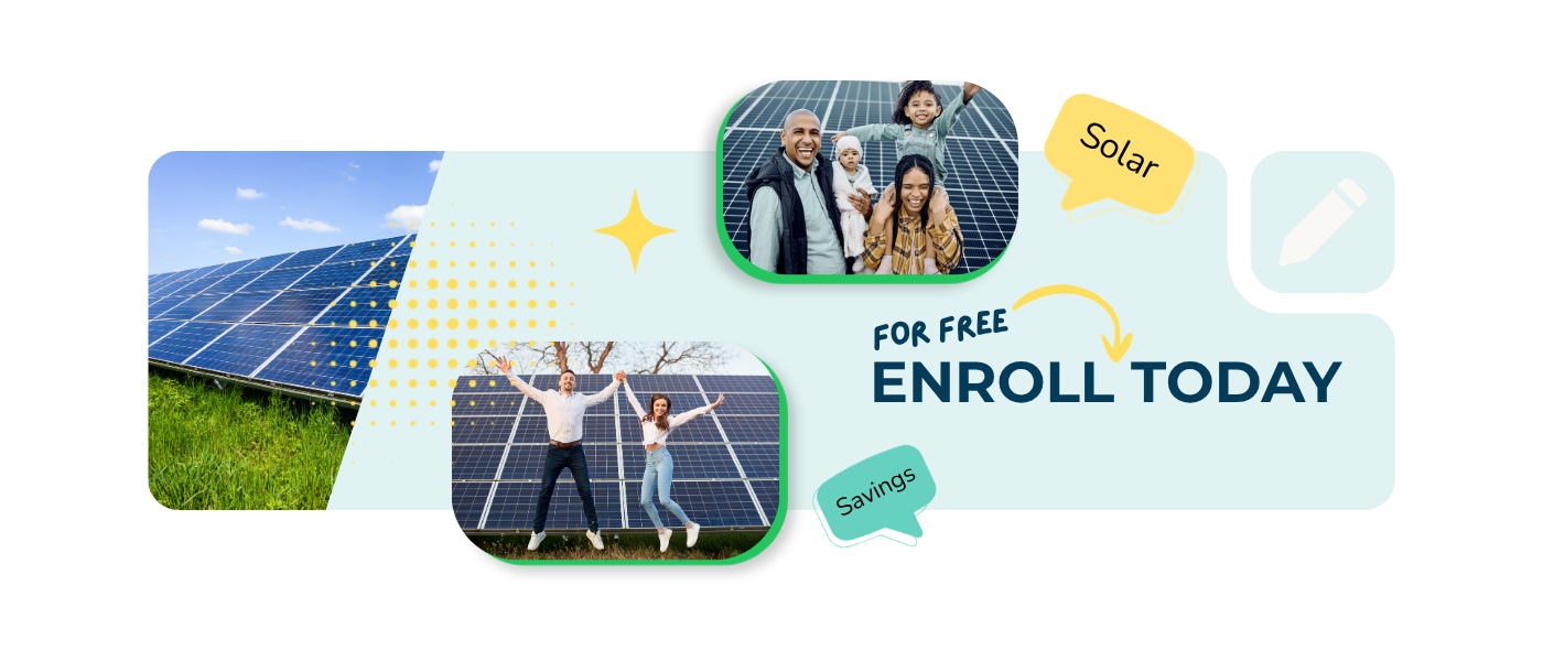 Family and individuals smiling near solar panels with promotional text for free solar enrollment and savings