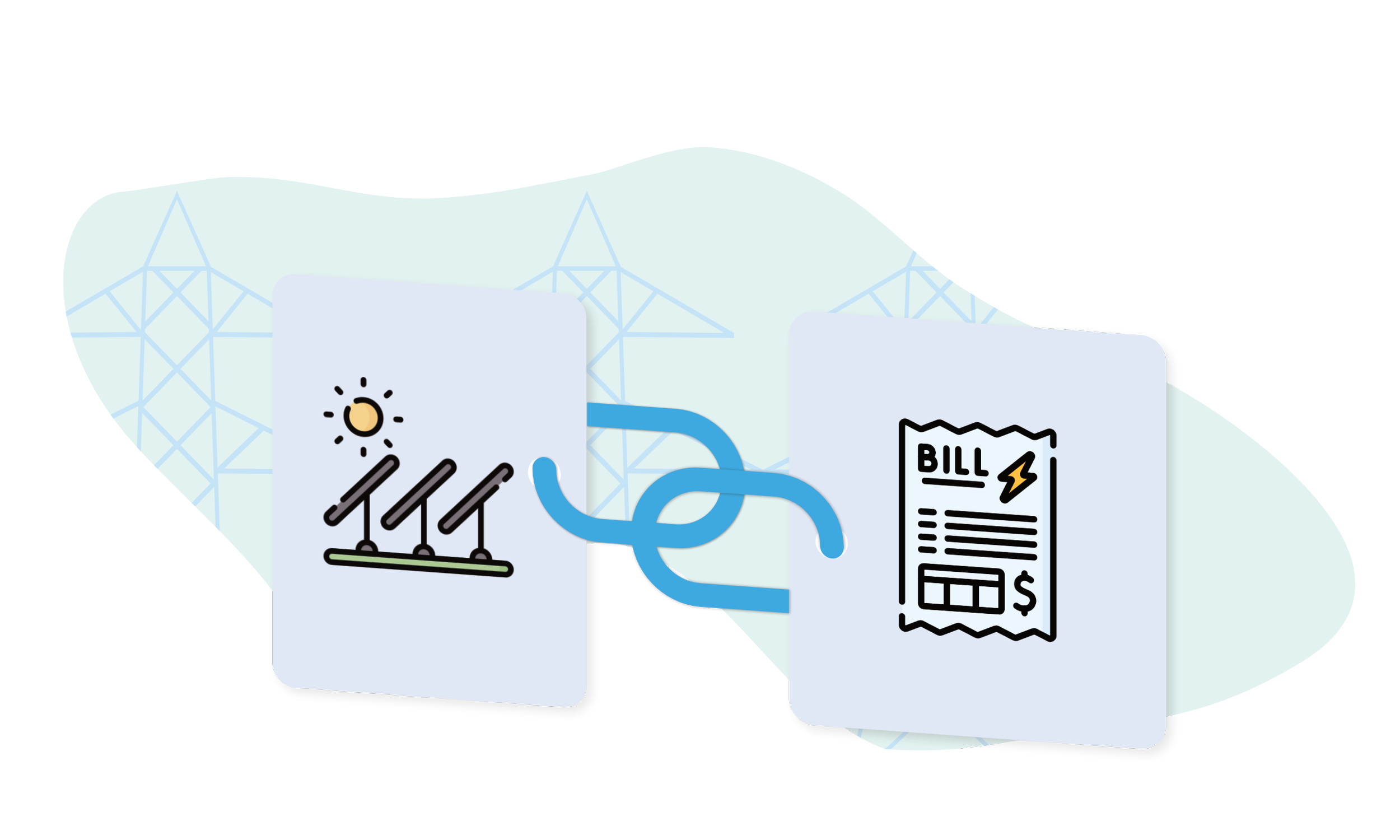 Illustration of solar panels, a link, and a power bill expressing connecting a solar farm to a users utility bill.