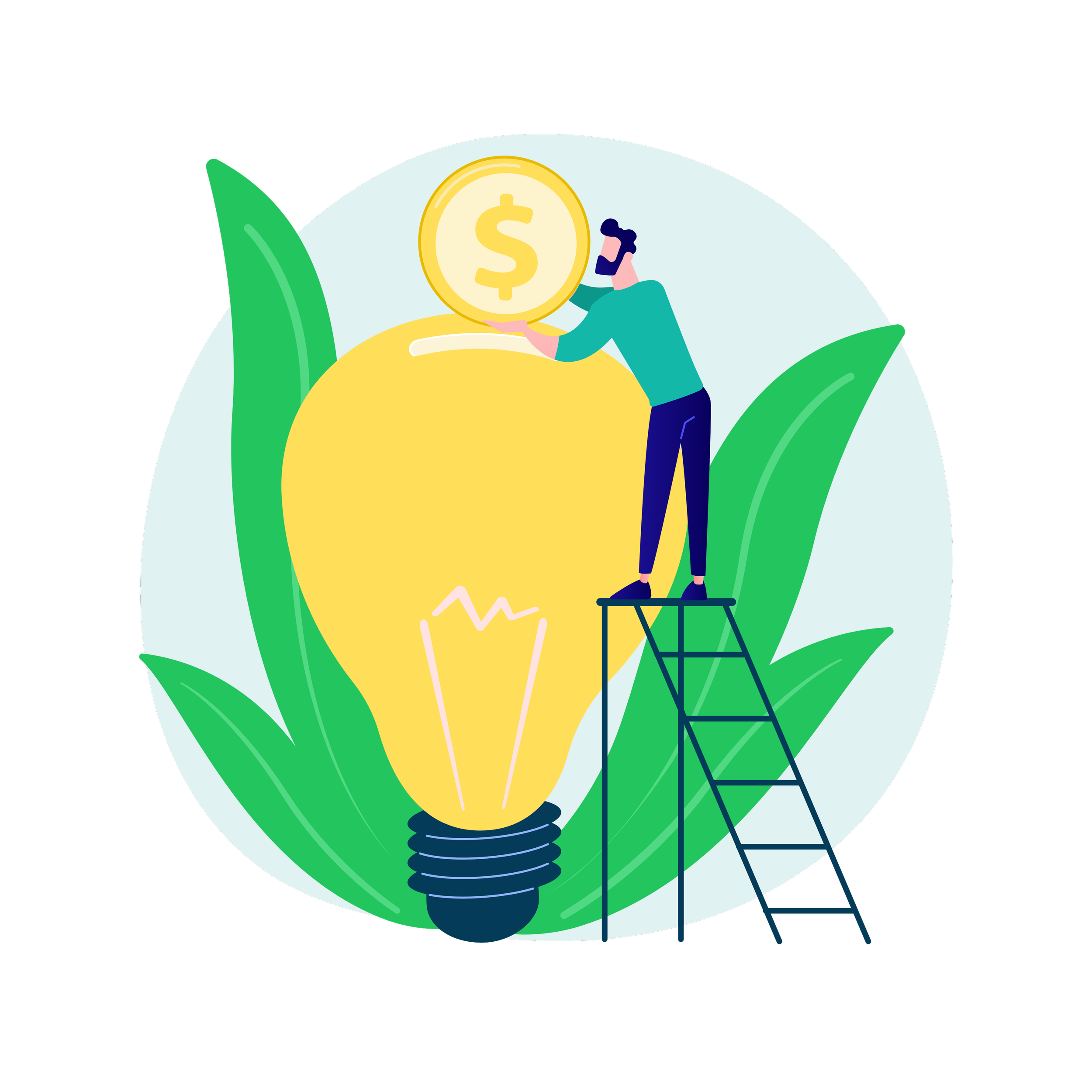 A person stands on a small ladder holding a large coin with a dollar sign, next to a giant yellow light bulb, surrounded by green leaves.