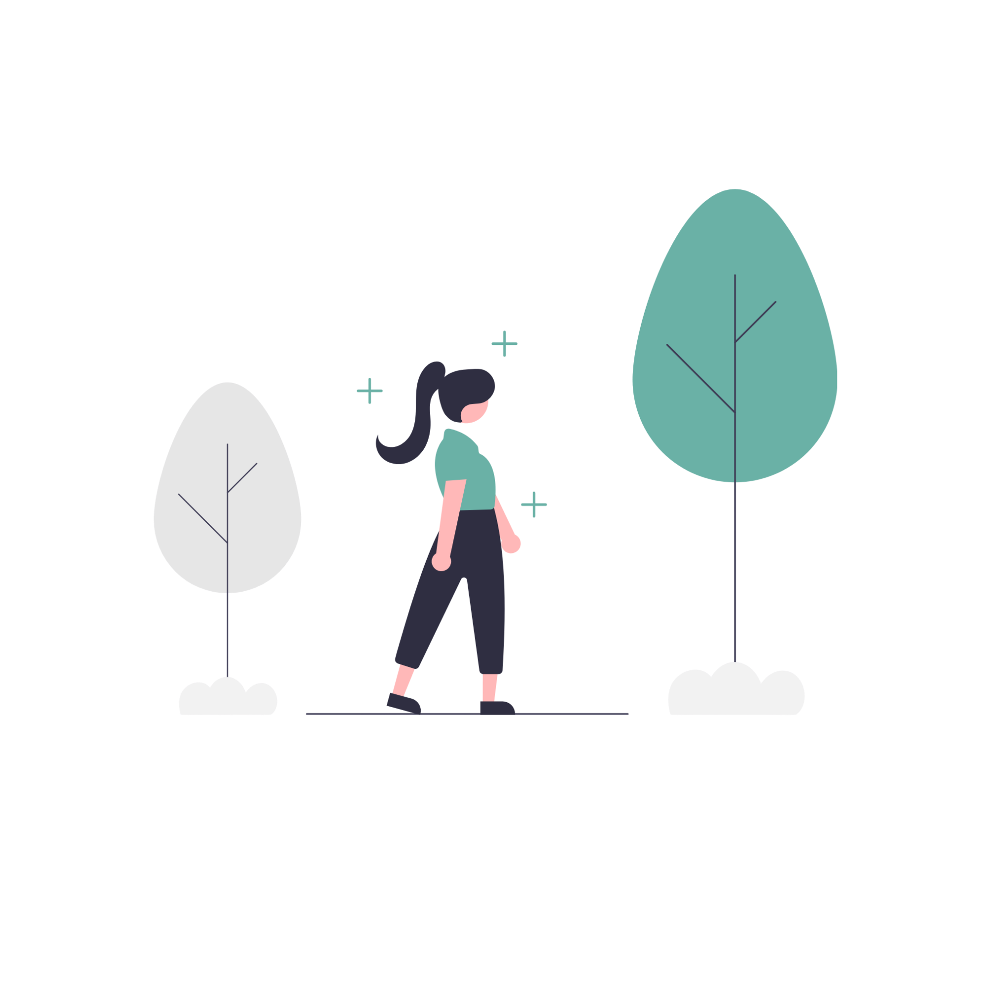 Illustration of a woman walking outdoors among large stylized trees and clouds expressing clean air and a bright future.