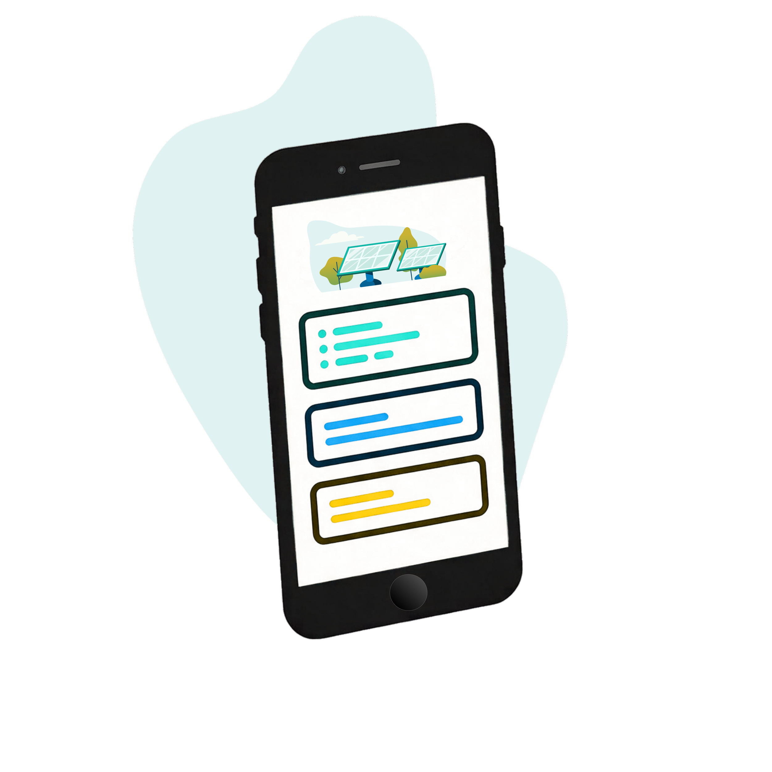 Smartphone displaying a webpage about solar energy with illustrations of solar panels and trees.