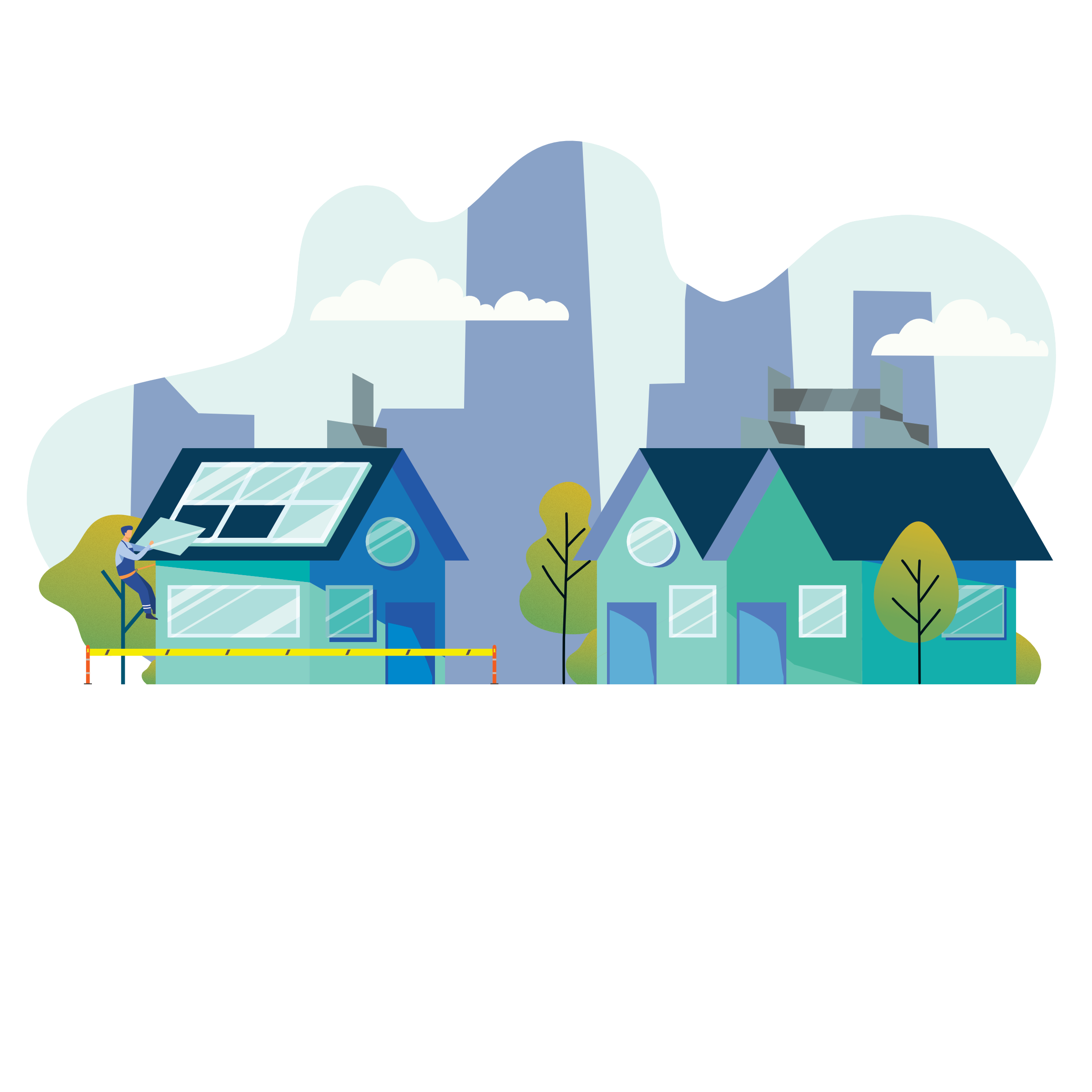 A colorful digital illustration of a cityscape with houses, trees, and solar panels being installed on the rooftop of a business, with skyscrapers in the background under a cloudy sky.