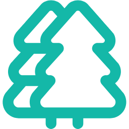Silhouette of three stylized pine trees in teal color.