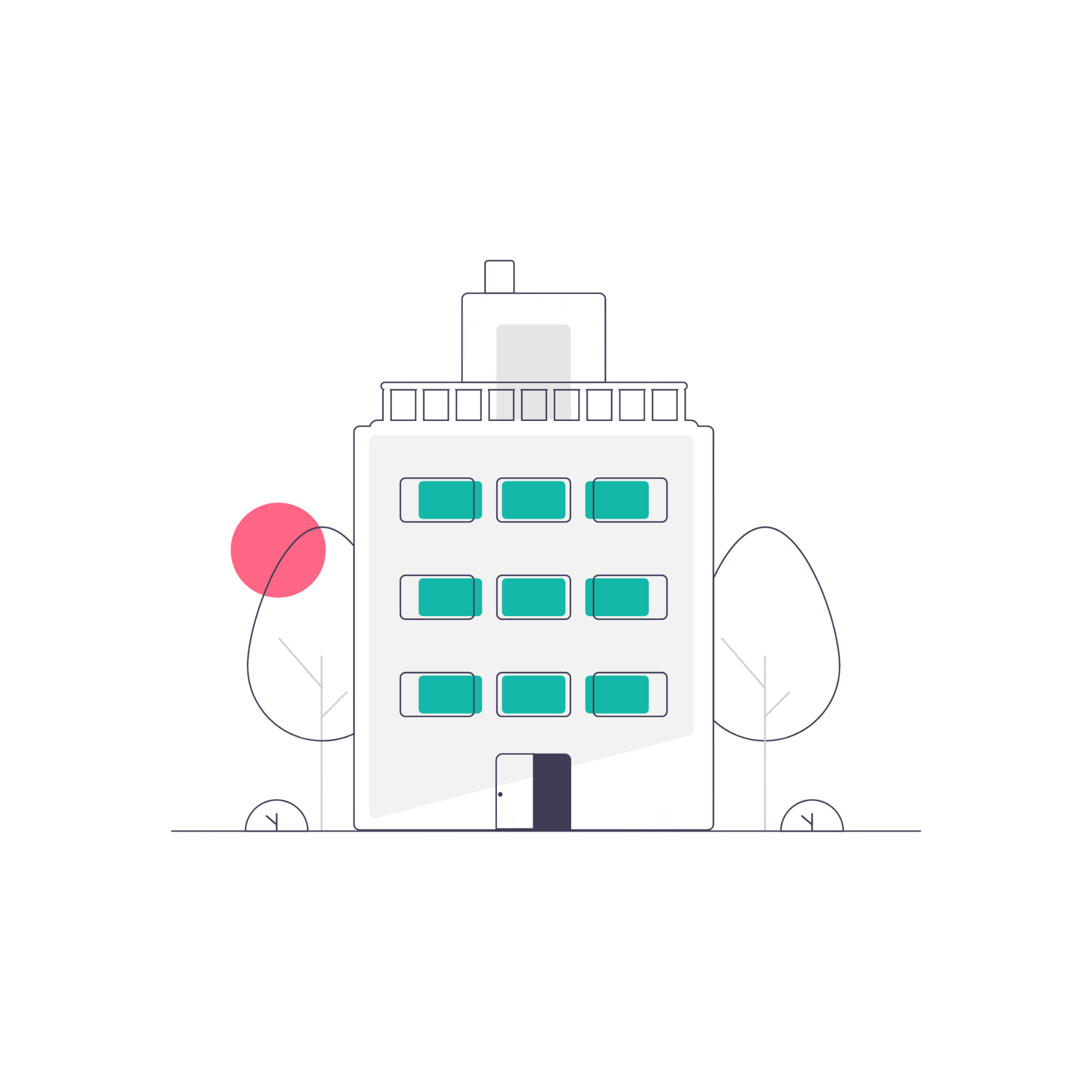 an illustration of a commercial building with the sun and trees in the background.