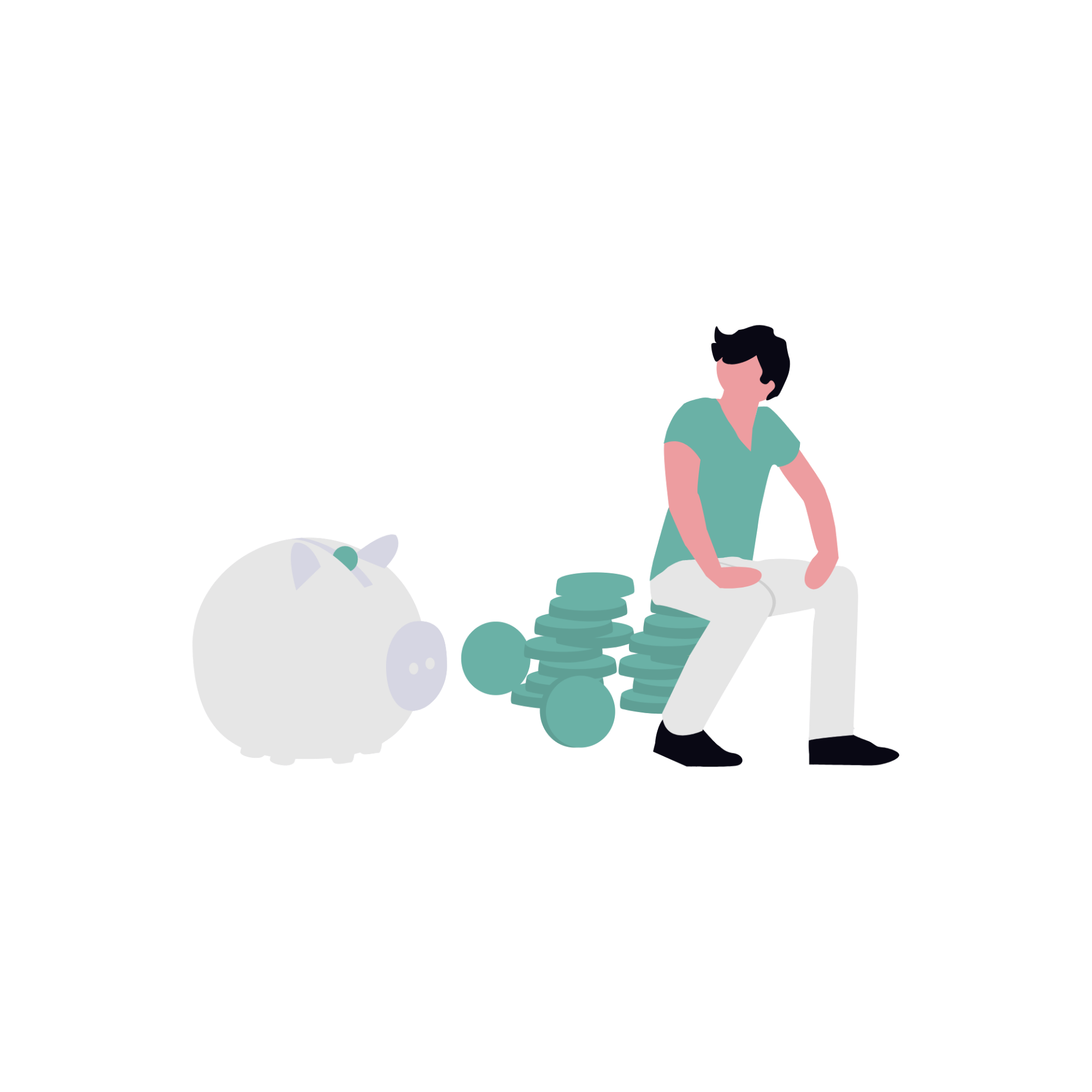 a sketch of a person sitting on coins looking at a piggy bank representing savings compounding.
