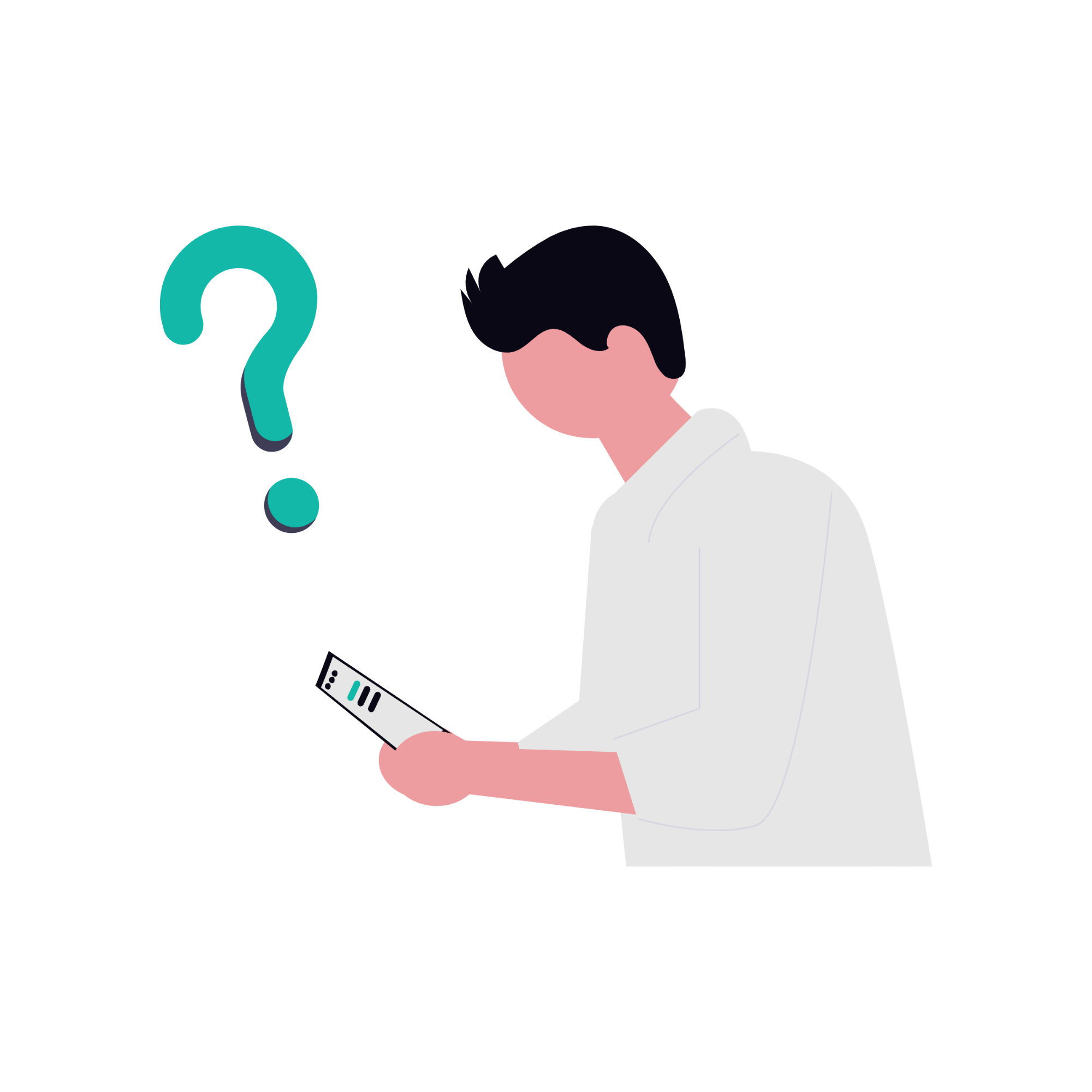 Person holding a smartphone with a questioning expression and a large question mark next to their head.
