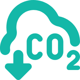 Icon illustrating carbon dioxide reduction, featuring a droplet with a CO2 symbol and a downward arrow.