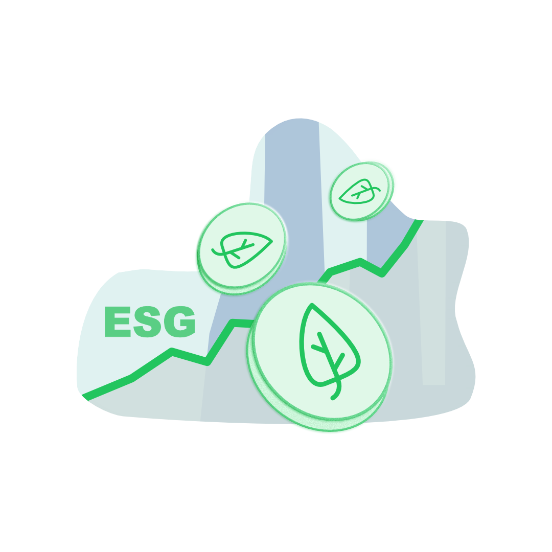 Green leaves and coins with a continuous upward trending arrow, labeled 'ESG', representing sustainable finance and environmental, social, and governance investment growth.