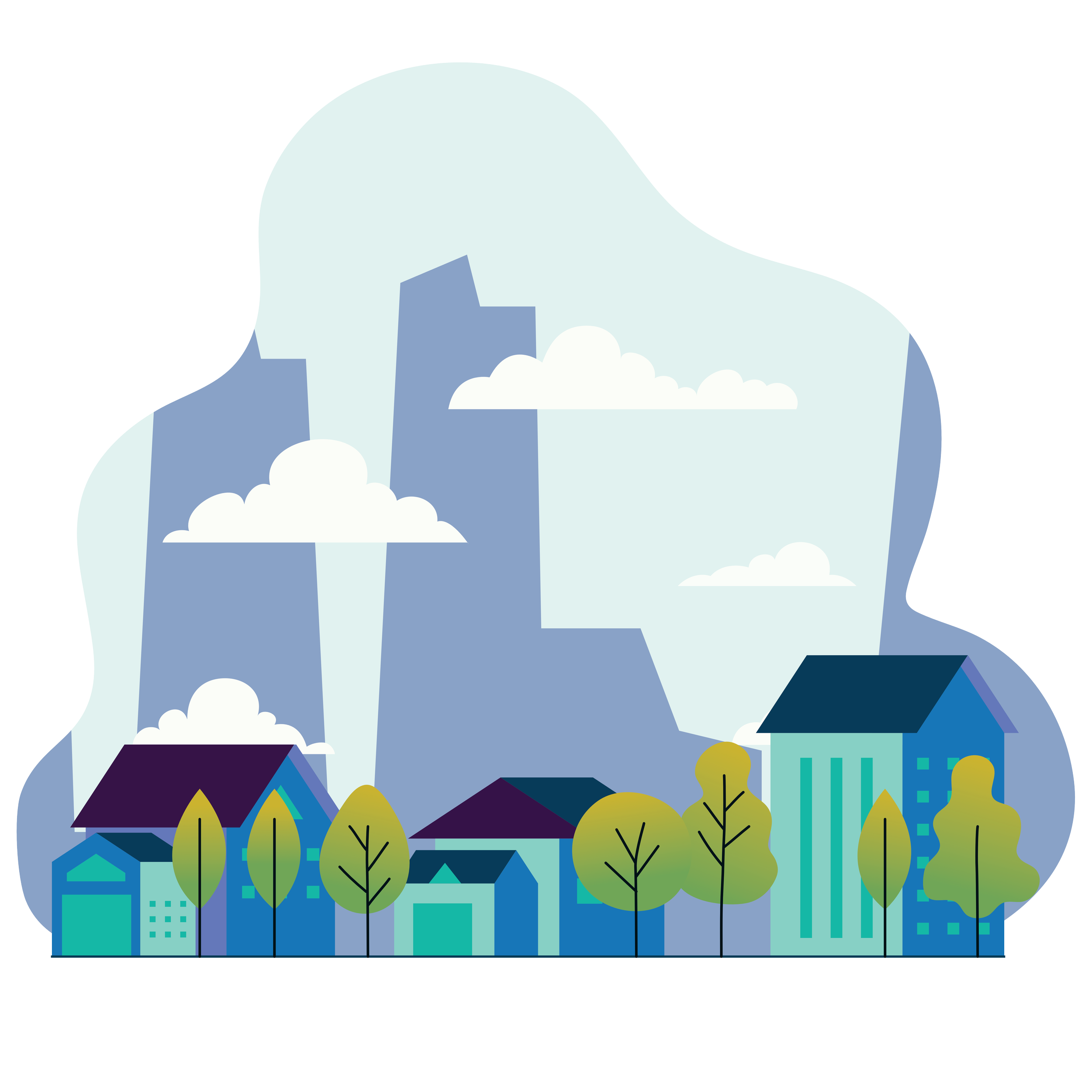 Illustration of a small town with colorful houses and trees, set against a backdrop of mountains and clouds.