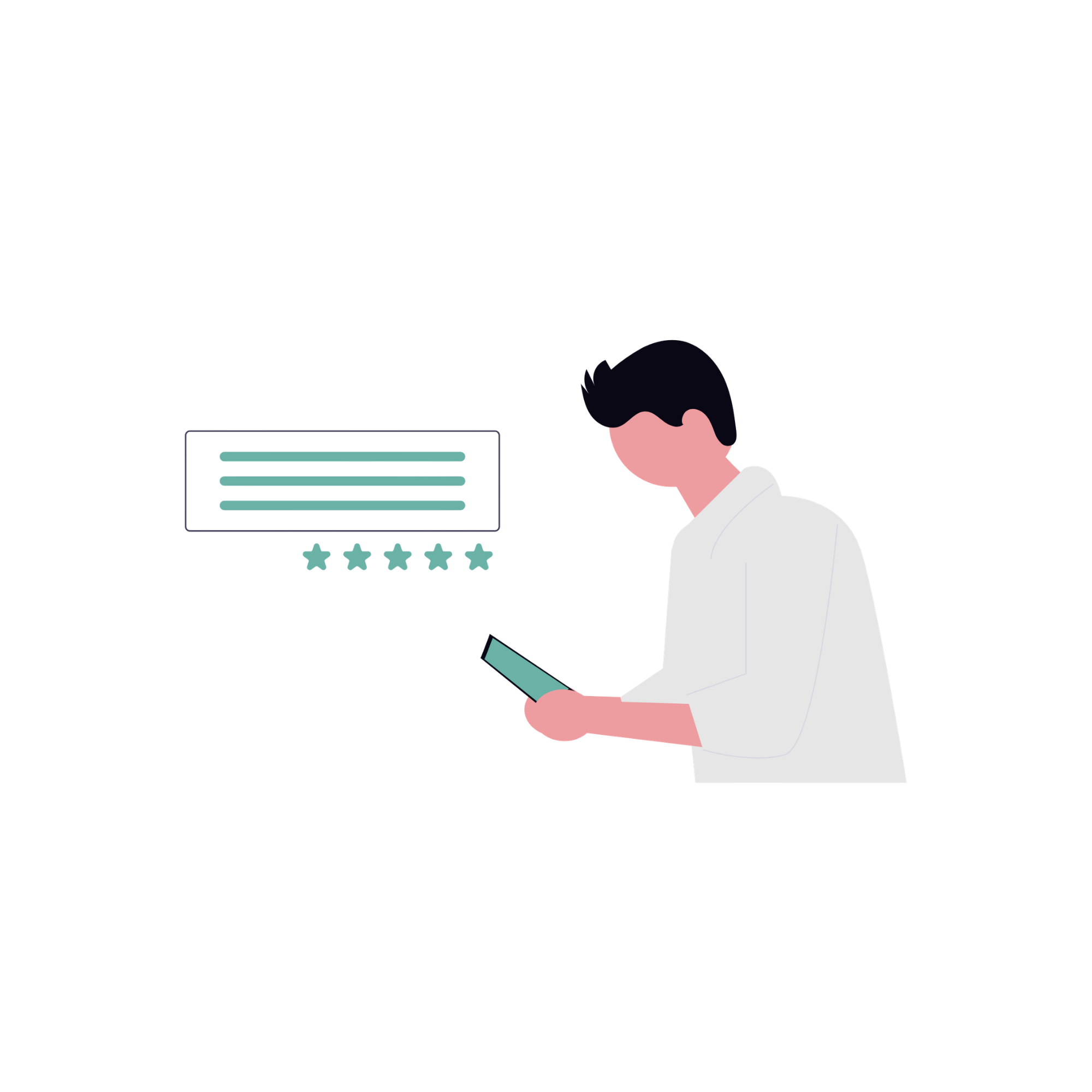 Illustration of a person posting a 5-star review from their cell phone.