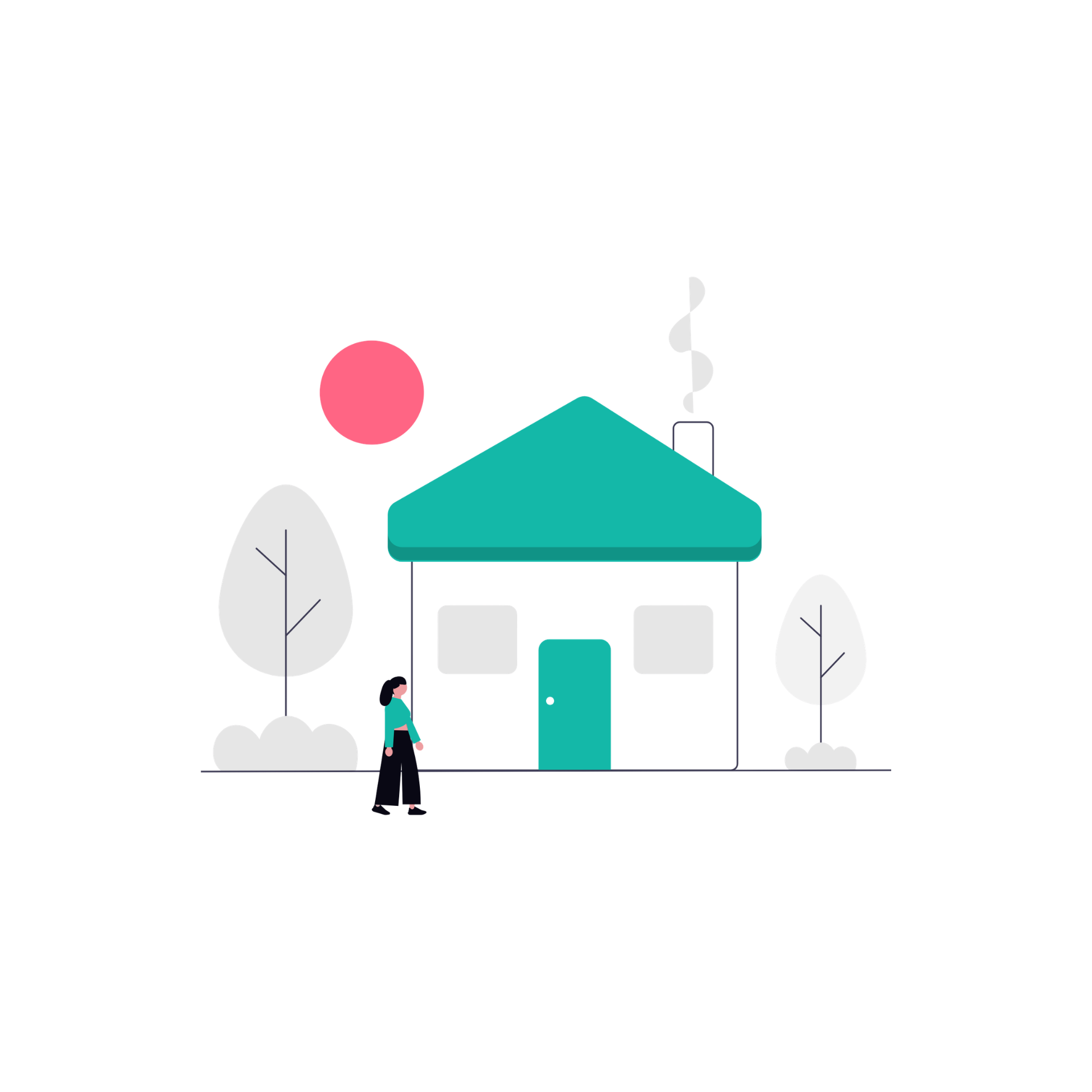 Illustration of a person standing in front of a residential home, with trees and clouds in the background.
