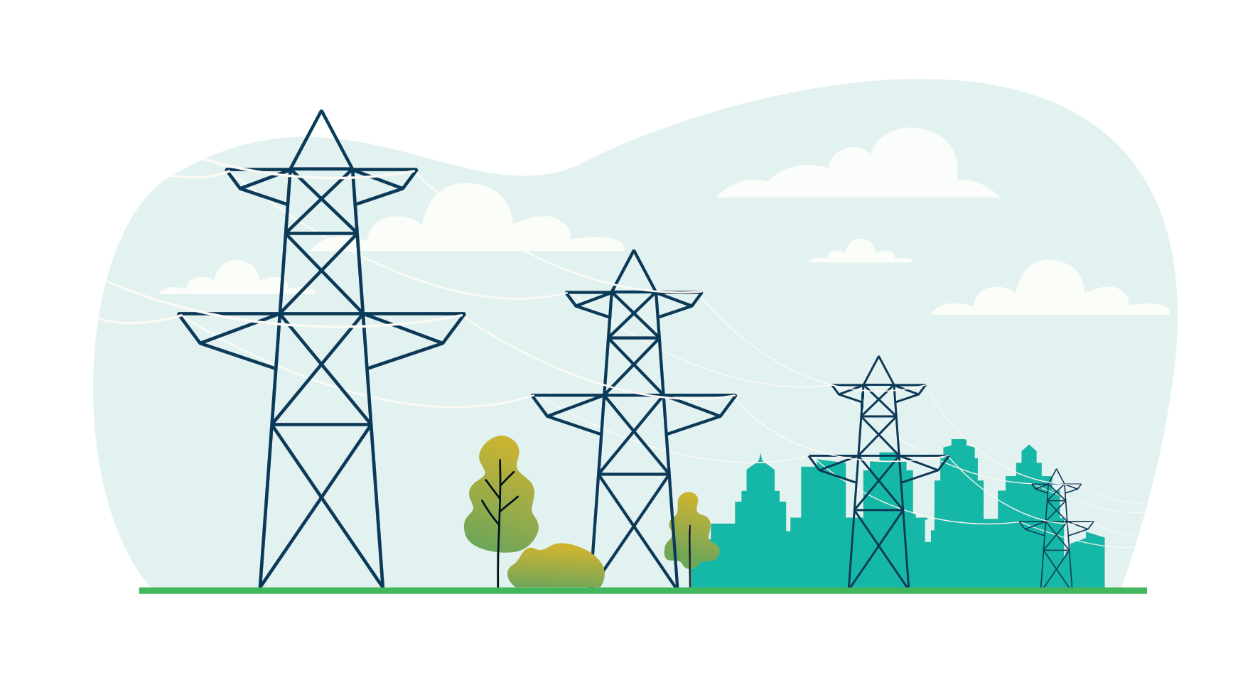 Illustration of a power grid with transmission towers, trees, and city skyline in the background.