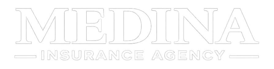 Medina Insurance Agency logo with bold white text on a black background.