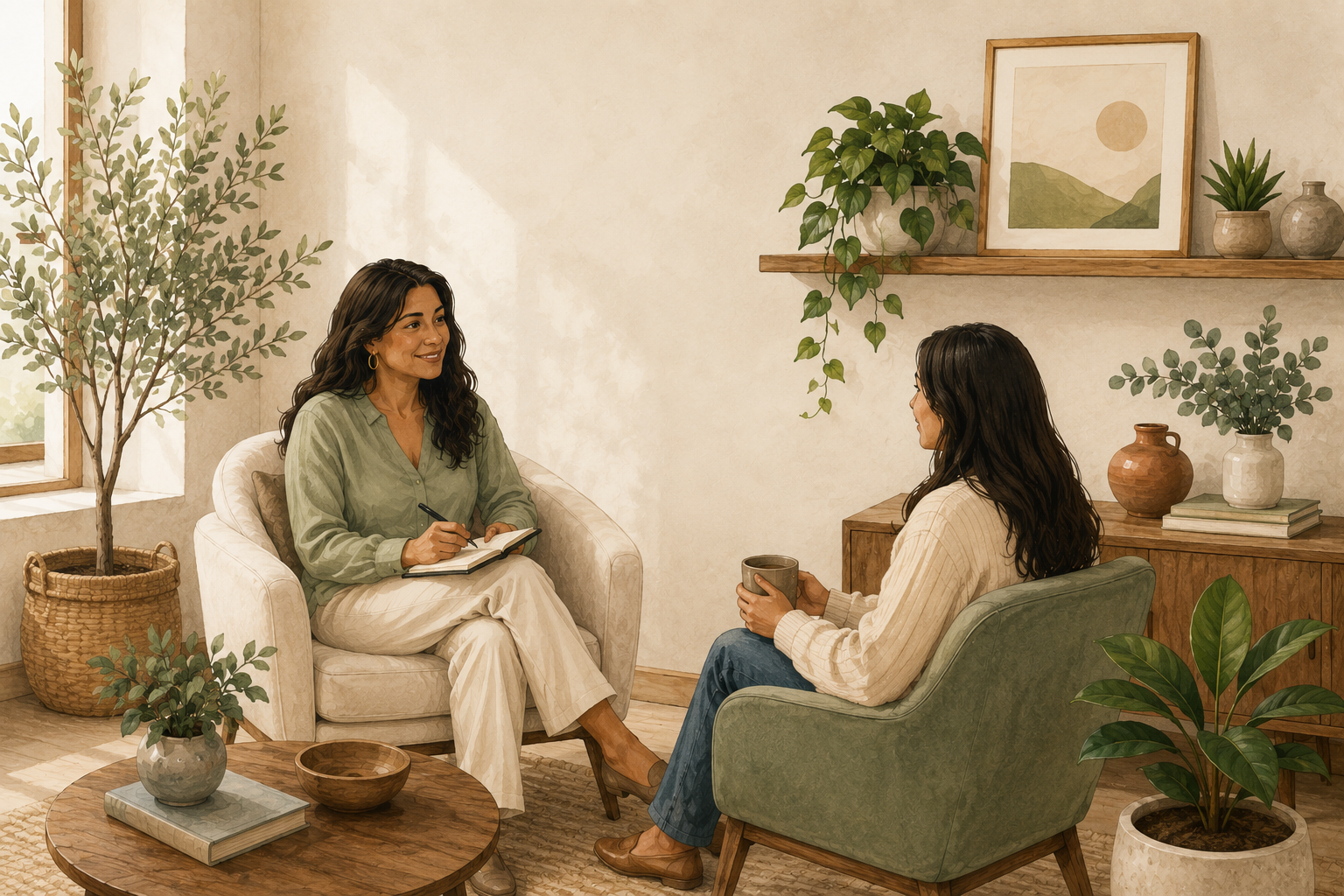 Two women having a conversation in a cozy, plant-filled room. One woman is sitting on a beige armchair, holding a notebook and pen, smiling. The other woman is sitting in a green armchair, holding a mug. The room has wooden shelves with potted plants and framed artwork, and a round wooden table with plants, books, and a bowl.
