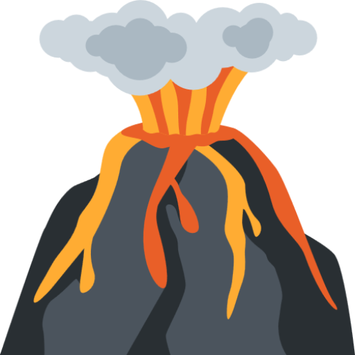 Illustration of a volcanic eruption with lava flowing down the volcano's sides, smoke and ash rising into the sky.