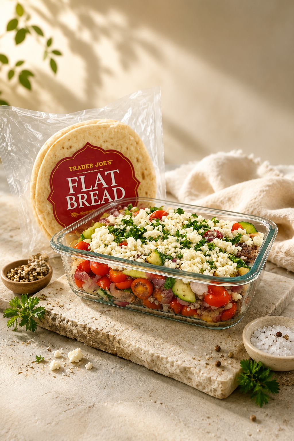 A glass baking dish filled with a vegetable salad topped with crumbled white cheese, placed on a beige marble cutting board. Behind is a package of Trader Joe's flatbread, and to the left, a small bowl of peppercorns. To the right, a bowl of coarse salt, with fresh parsley garnishes, all on a stone countertop with a white cloth and a backdrop of blurred greenery.