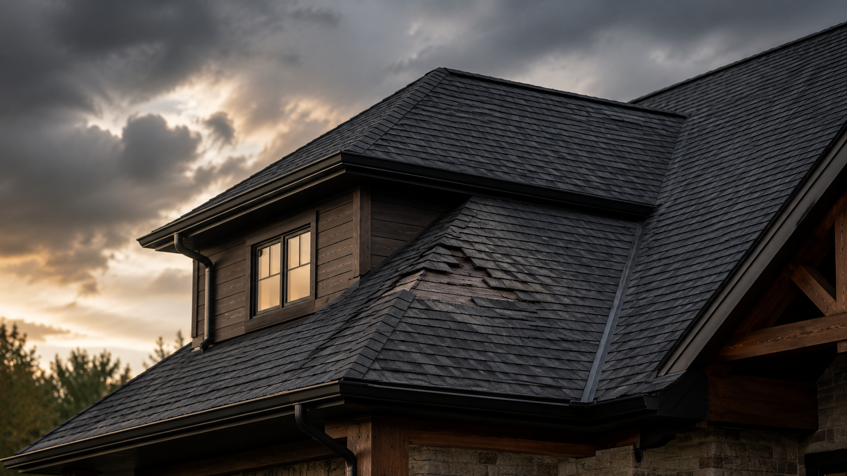 Close-up of a house roof with dark shingles and a small dormer window, under an overcast sky at sunset.