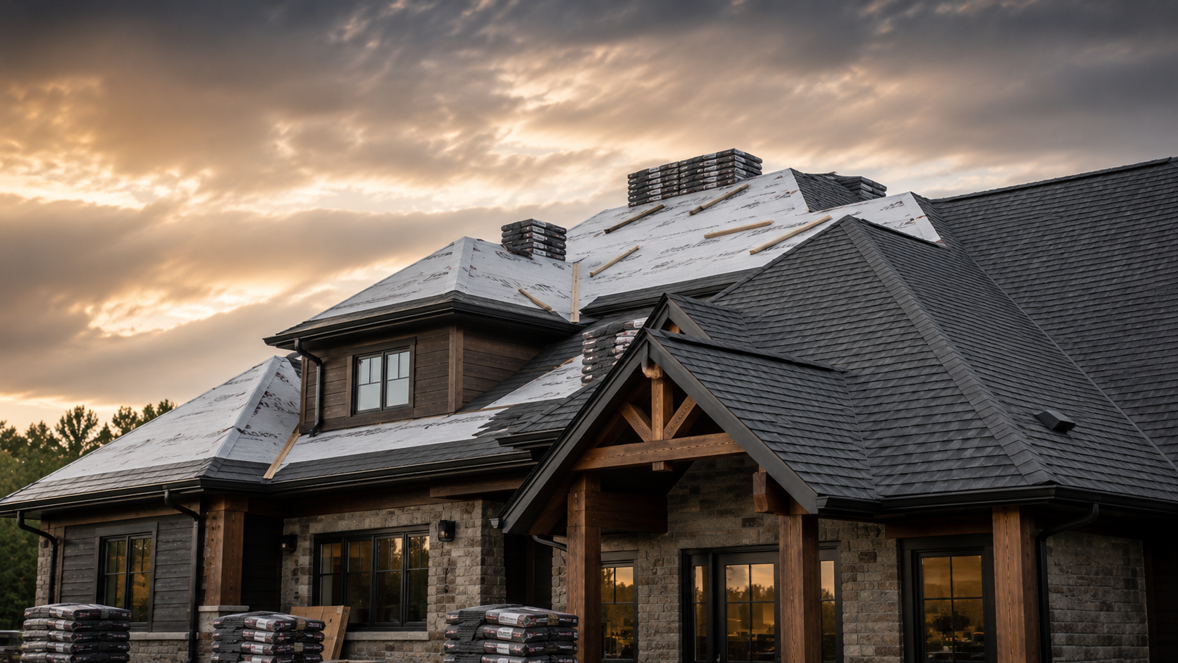 The roof of a house under construction with shingles and roofing materials, during sunset with a cloudy sky.
