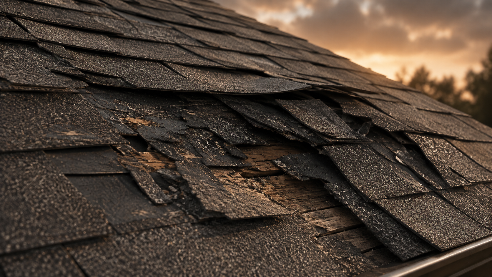 Close-up of a roof with damaged, black, asphalt shingles, some of which are curling, cracking, and missing, with a sunset sky in the background.