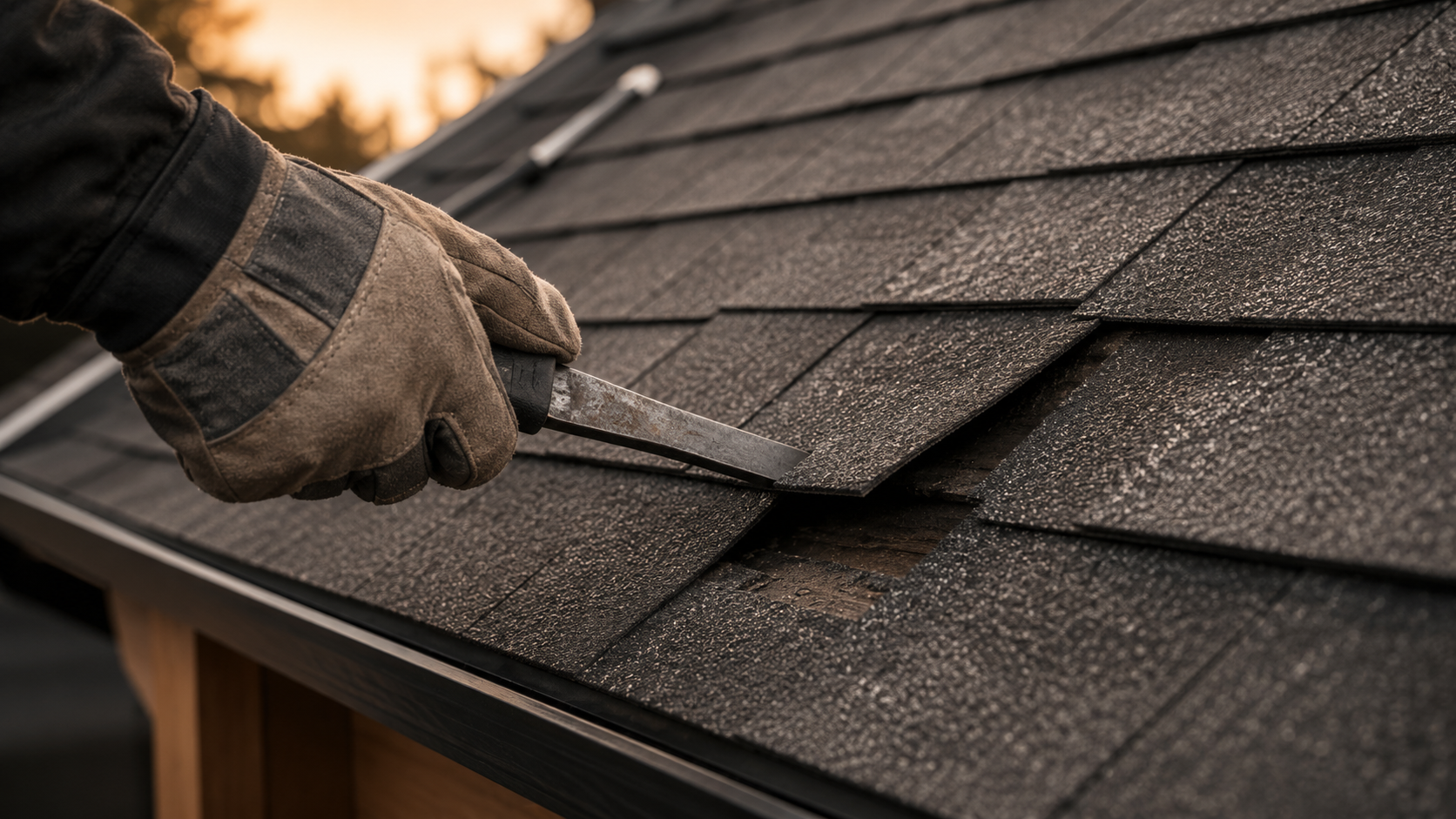 Close-up of a person wearing work gloves and holding a putty knife, repairing or inspecting a shingle roof.
