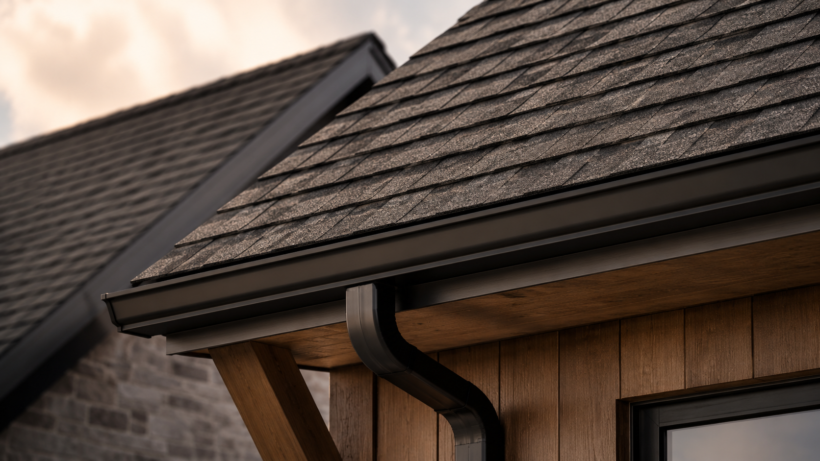 Close-up of a house roof with asphalt shingles, wooden soffit, and a black gutter system.