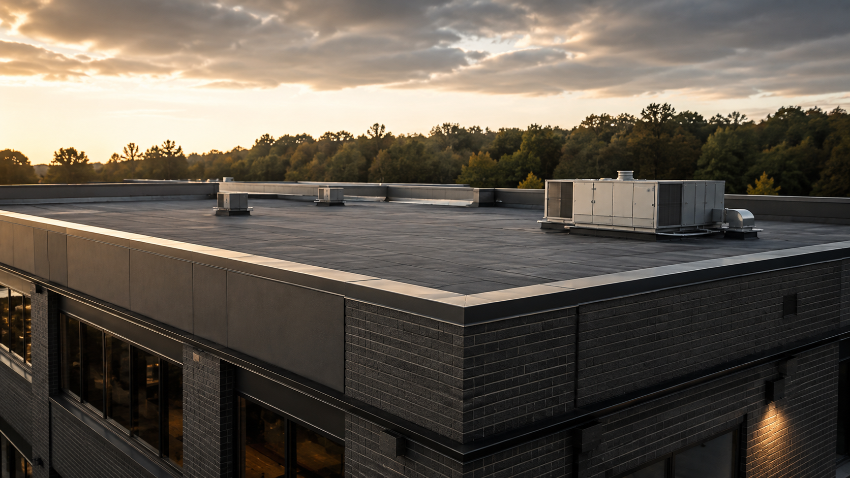 A black commercial building's flat roof with HVAC units, against a backdrop of trees and a cloudy sunset sky.