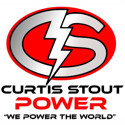 A logo with a red oval background featuring a stylized lightning bolt crossing the initials 'C S', with the name 'Curtis Stout Power' and the slogan 'We Power the World' beneath.