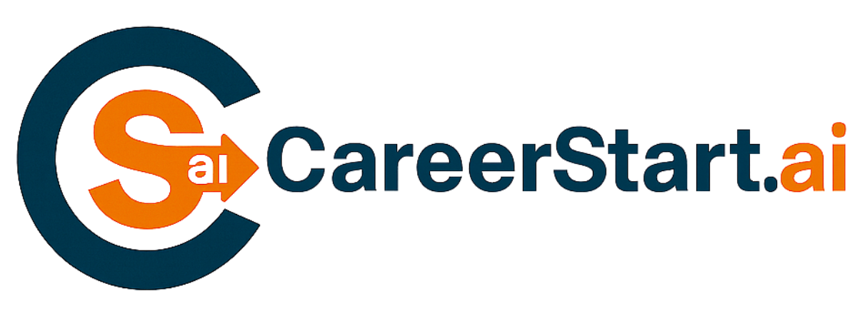 Logo for CareerStart.ai featuring a blue circular arrow enclosing an orange dollar sign with a capital S, followed by the text 'CareerStart.ai' in blue and orange.