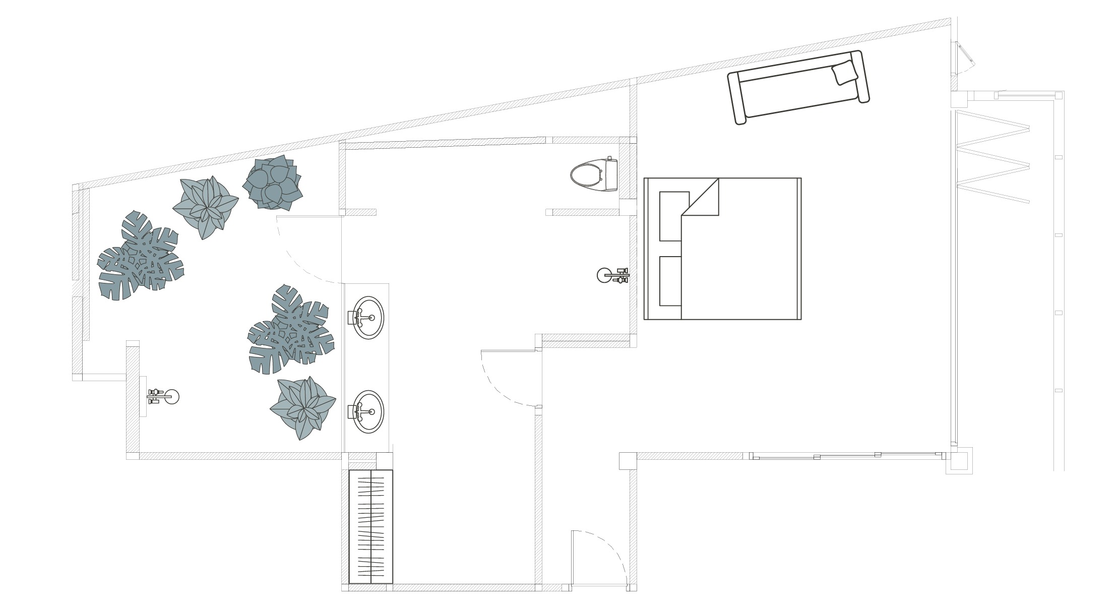 Architectural floor plan of the Sundown Suite at Saensook villa, showing the bedroom, en-suite bathroom, and private open-air garden