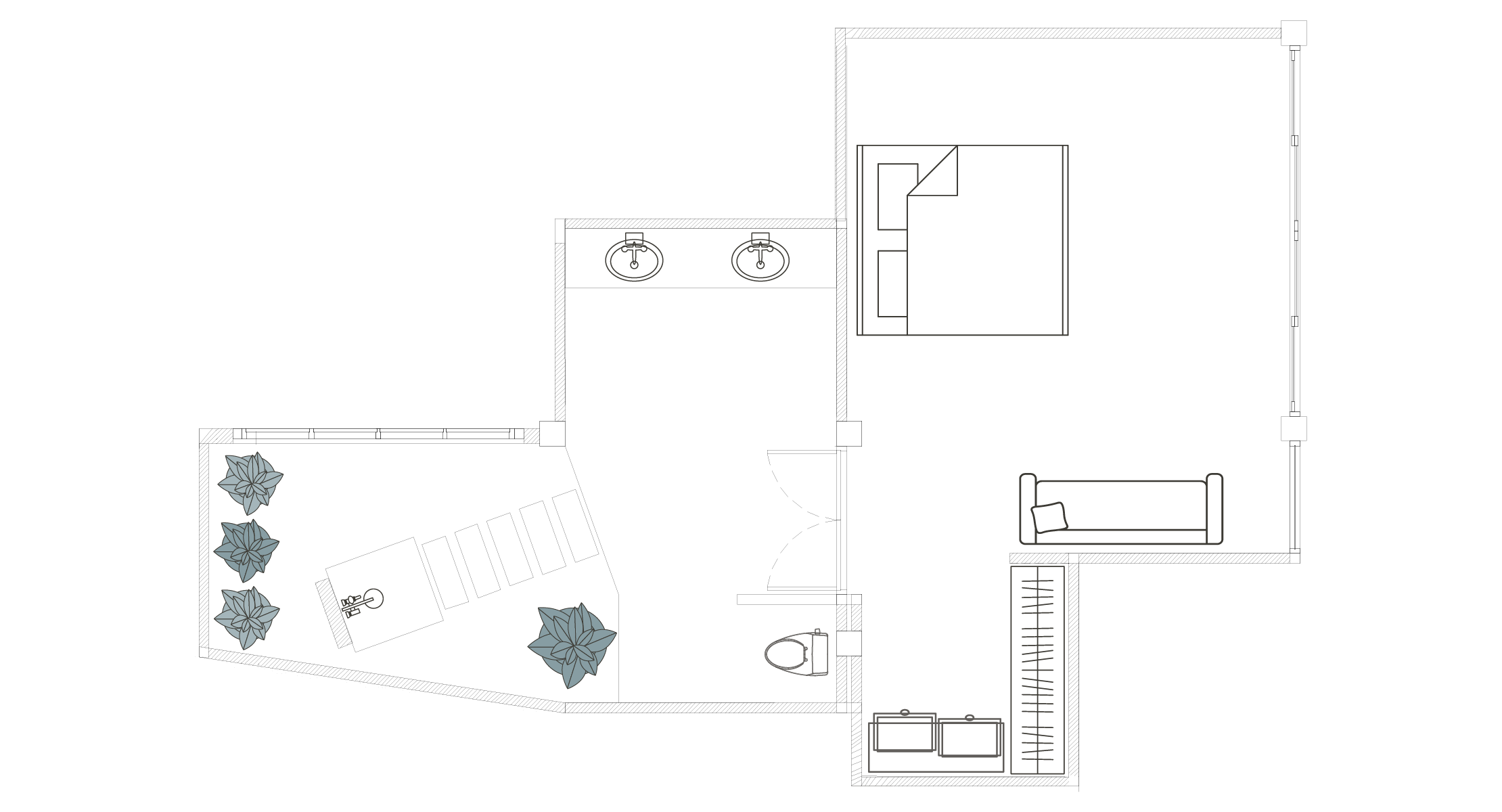 Architectural floor plan of the Sanctuary Suite at Saensook eco villa, detailing the bedroom, dressing area, and open-air garden bathroom