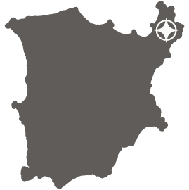 Minimalist map graphic of Koh Samui highlighting the location of Saensook Villa near Choeng Mon Beach in the northeast.