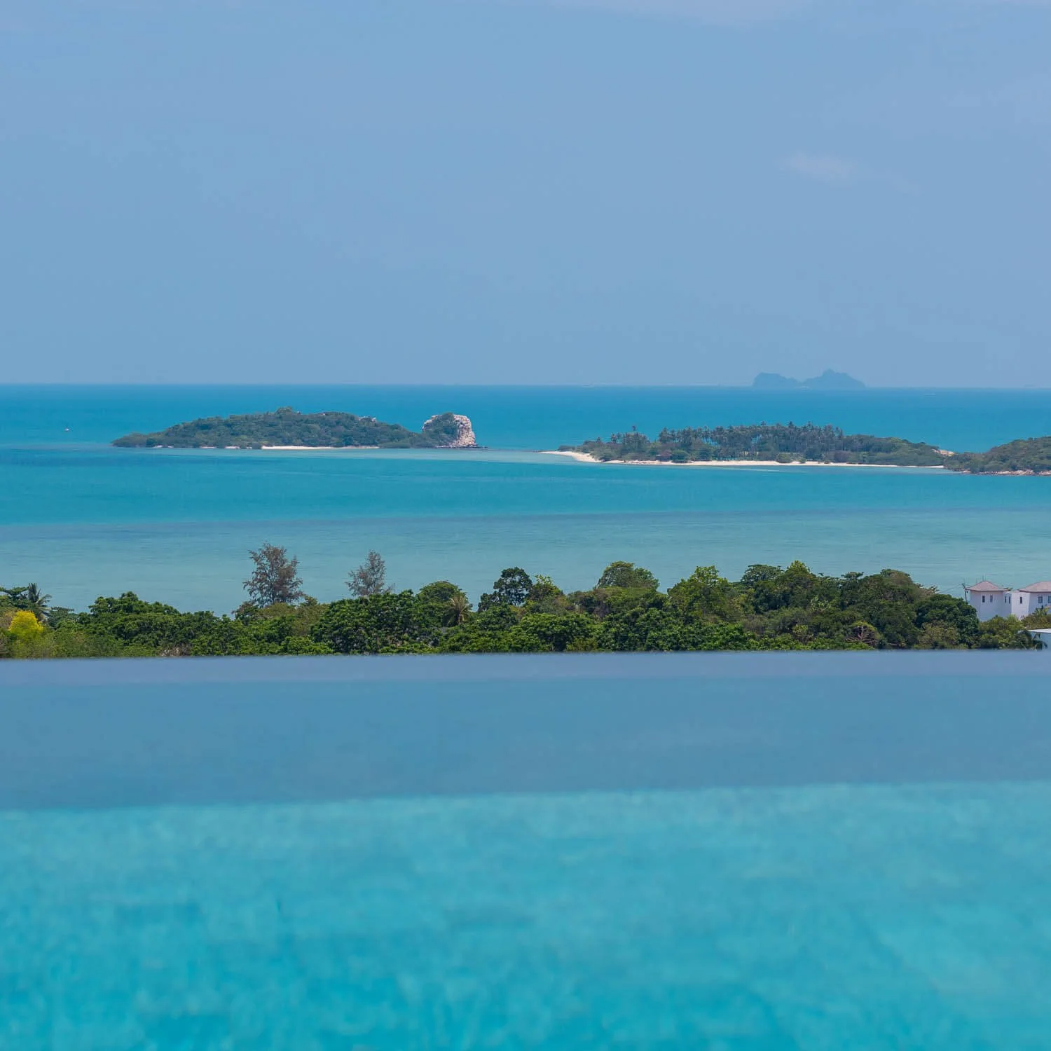 Private infinity swimming pool at Saensook Luxury Villa in Koh Samui surrounded by sun loungers and lush tropical palm trees.