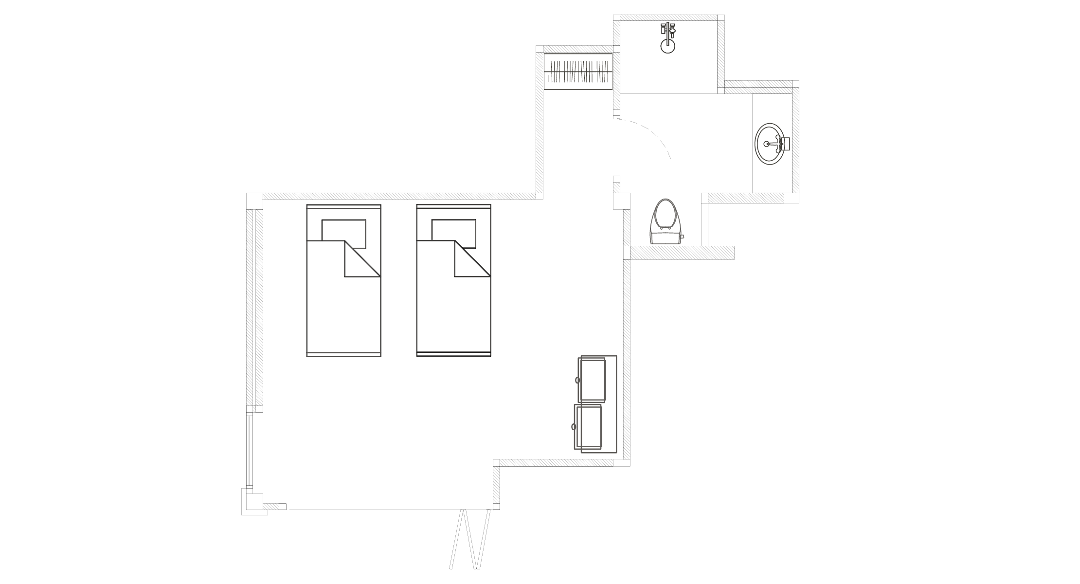 Architectural floor plan of the Twin Suite at Saensook eco villa, detailing the twin bed layout, wardrobe space, and en-suite bathroom