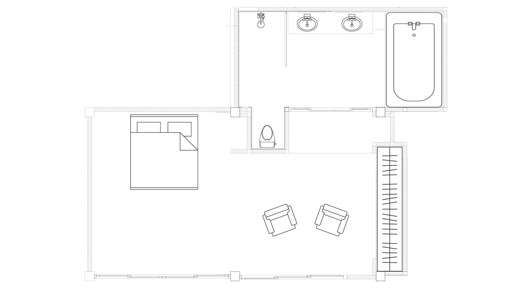 Architectural floor plan of the Spa Suite at Saensook eco villa, detailing the master bedroom, indoor seating area, wardrobe space, and large en-suite bathroom with a soaking tub