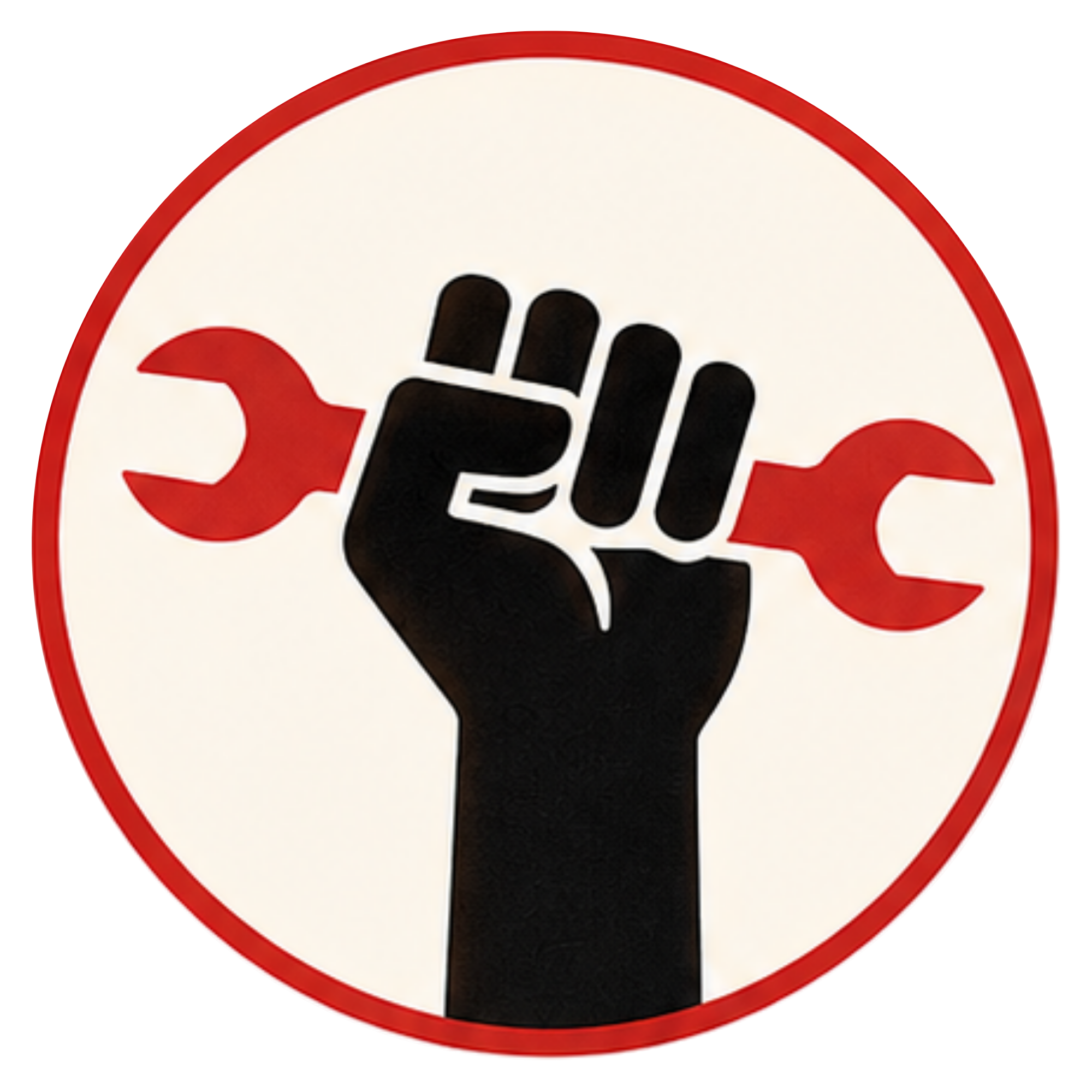 A prohibition or 'no entry' road sign with a hand symbol in black and red, indicating no stopping or no hand gesturing.