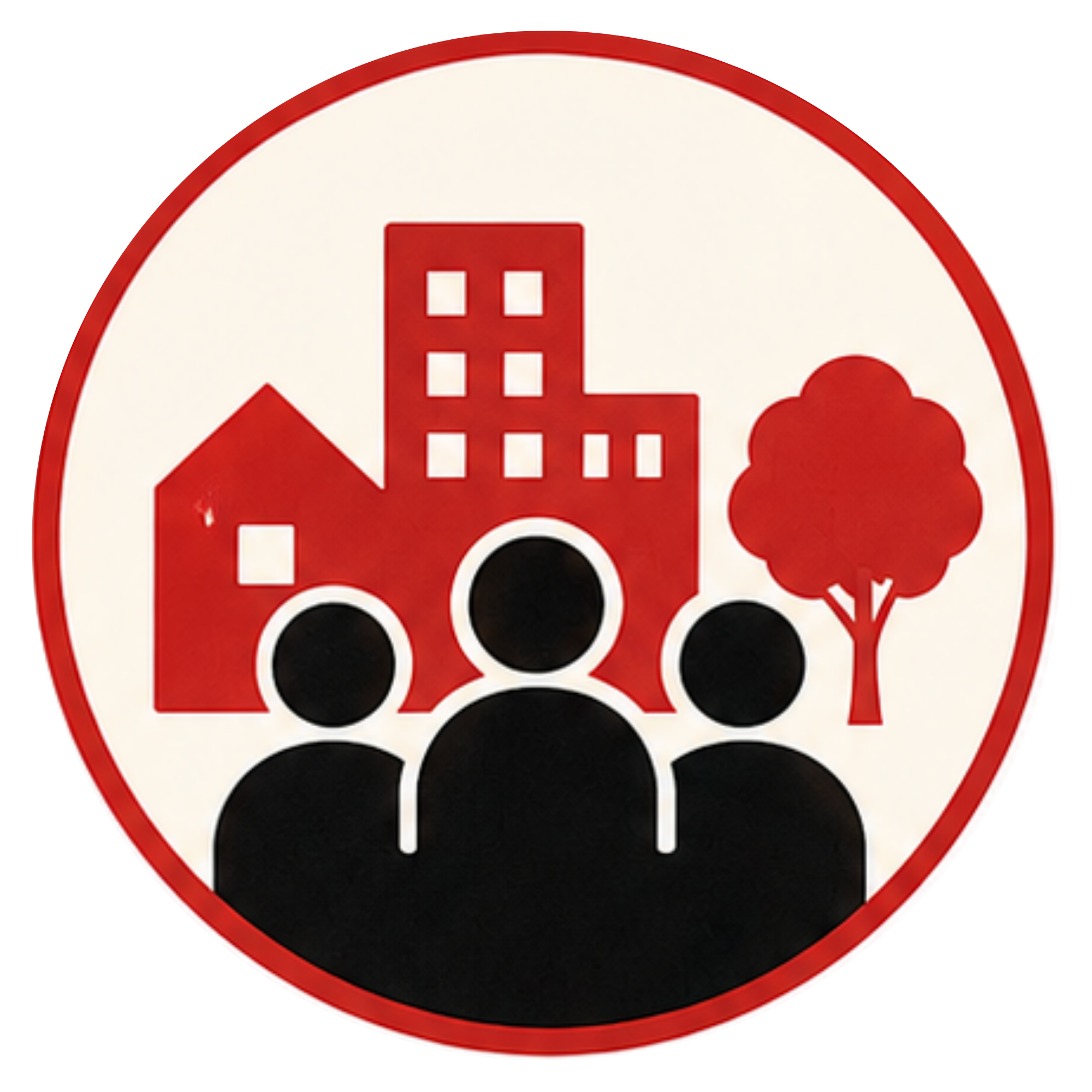 Circular warning sign with black background and red border. Contains images of a house, a building, a tree, and a truck in red, indicating restrictions related to buildings, trees, and vehicles.