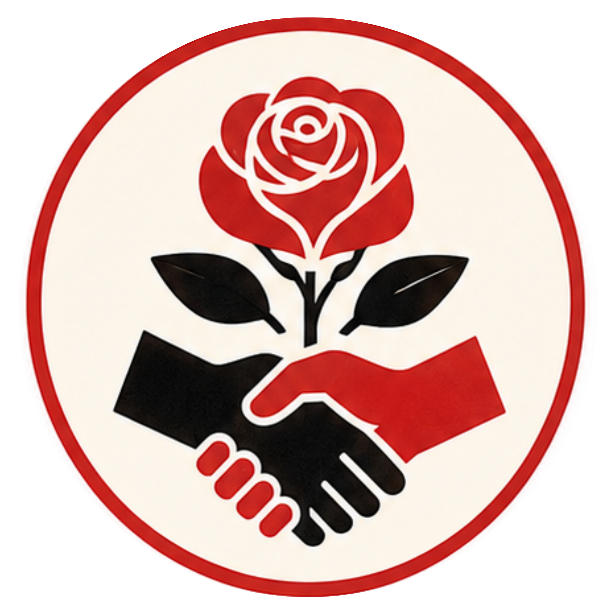 A logo featuring a red rose with black leaves in the center and a handshake beneath the flower, surrounded by a white circular background with a red border.