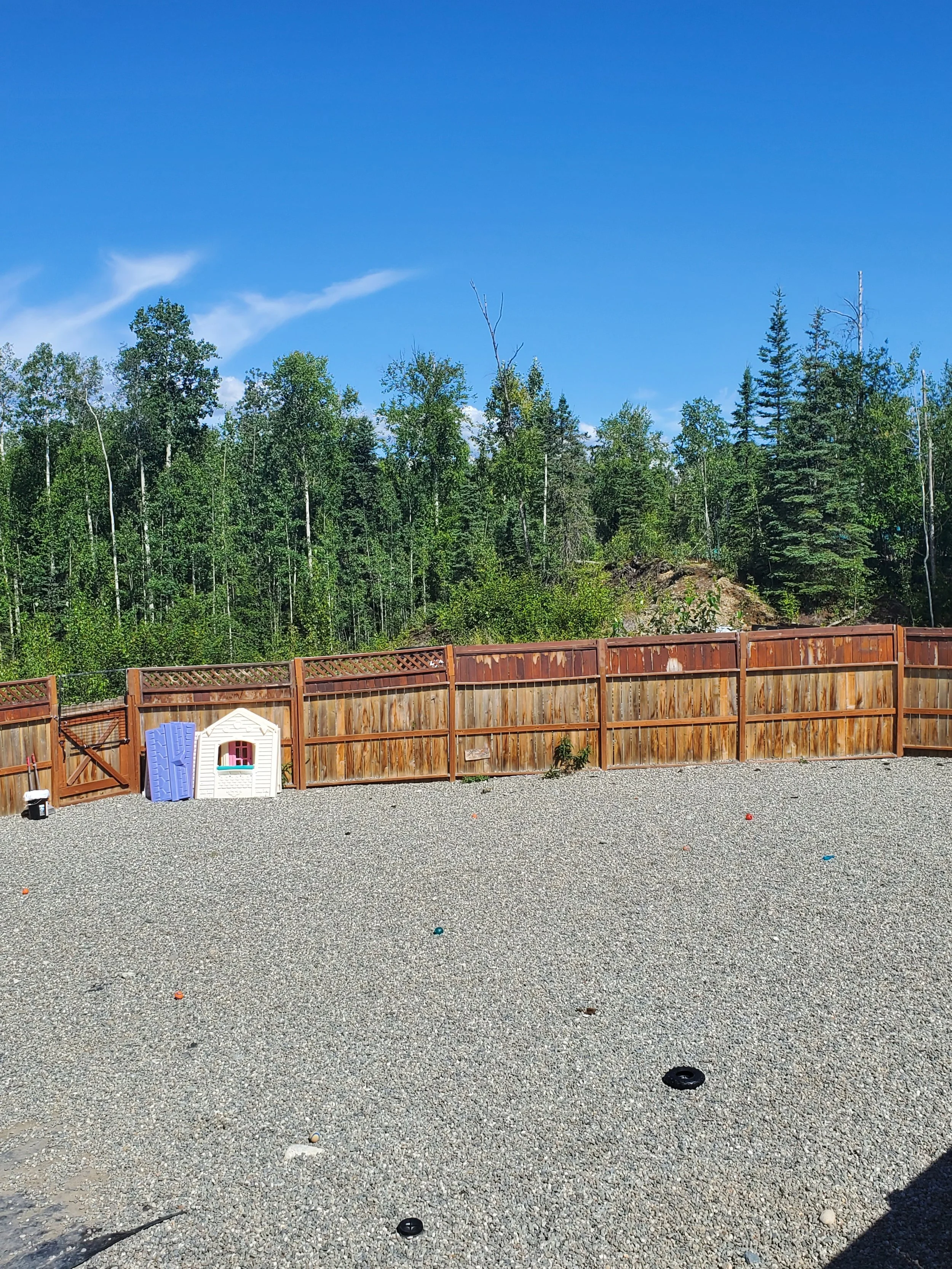 An outdoor backyard scene with a gravel ground, a wooden fence, a small white playhouse with a pink window and a blue slide, and a backdrop of dense green trees under a blue sky with a few wispy clouds.