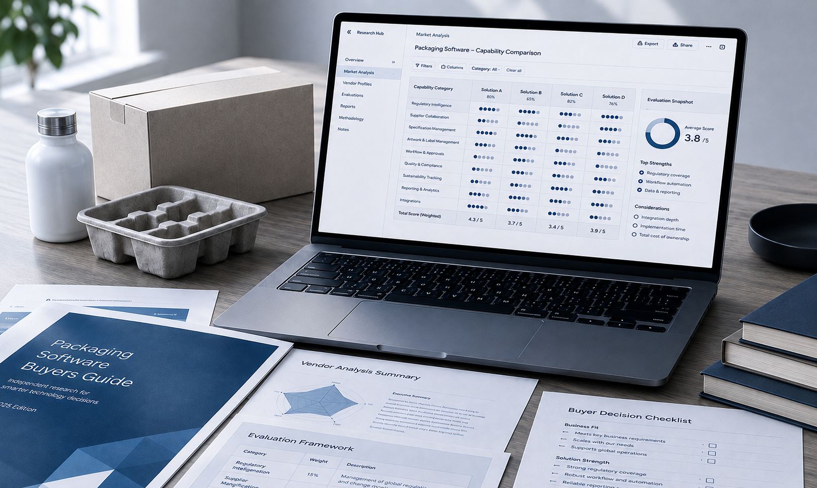 Packaging software research workspace with market analysis, packaging samples, and evaluation materials.