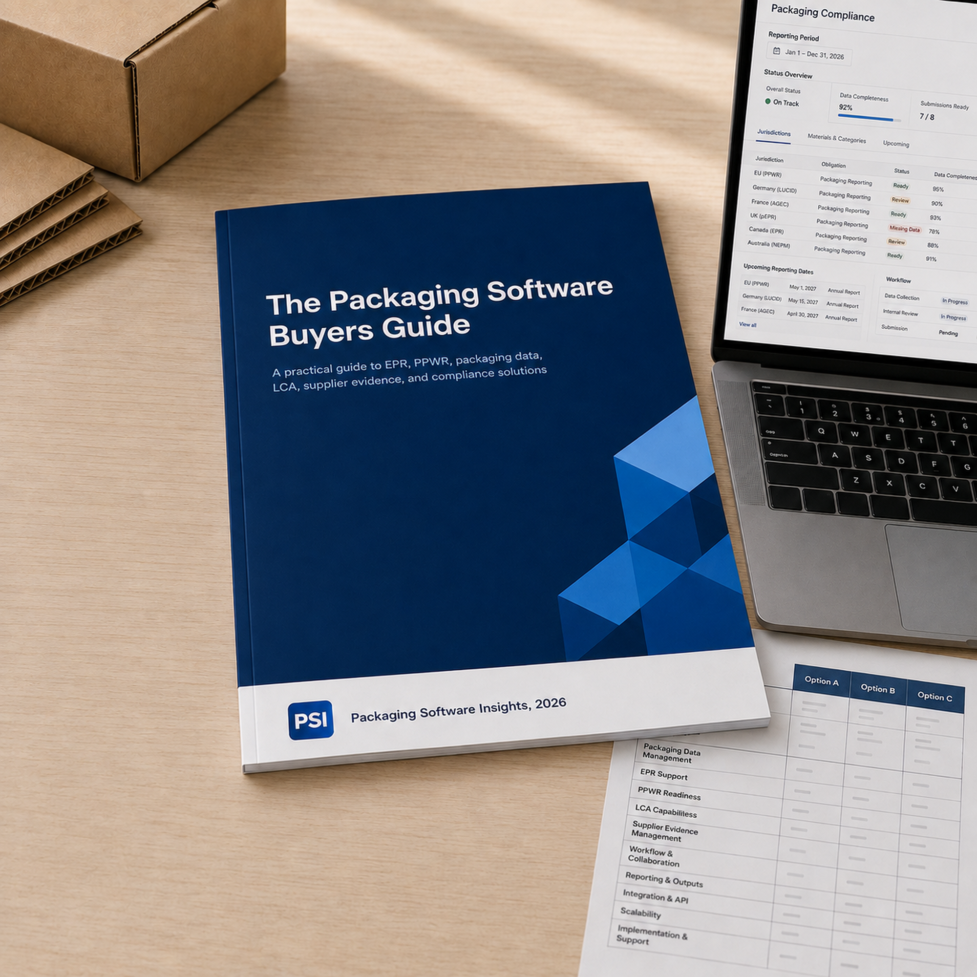The Packaging Software Buyers Guide alongside packaging materials and a packaging compliance report.