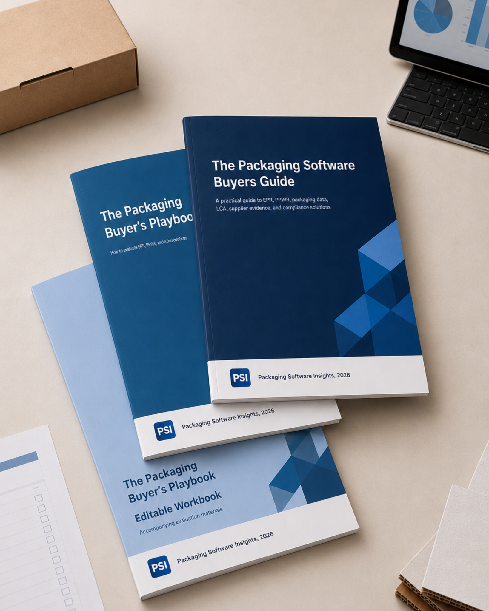 The Packaging Software Buyers Guide, The Packaging Software Buyer’s Playbook, and Editable Workbook with packaging software analysis.
