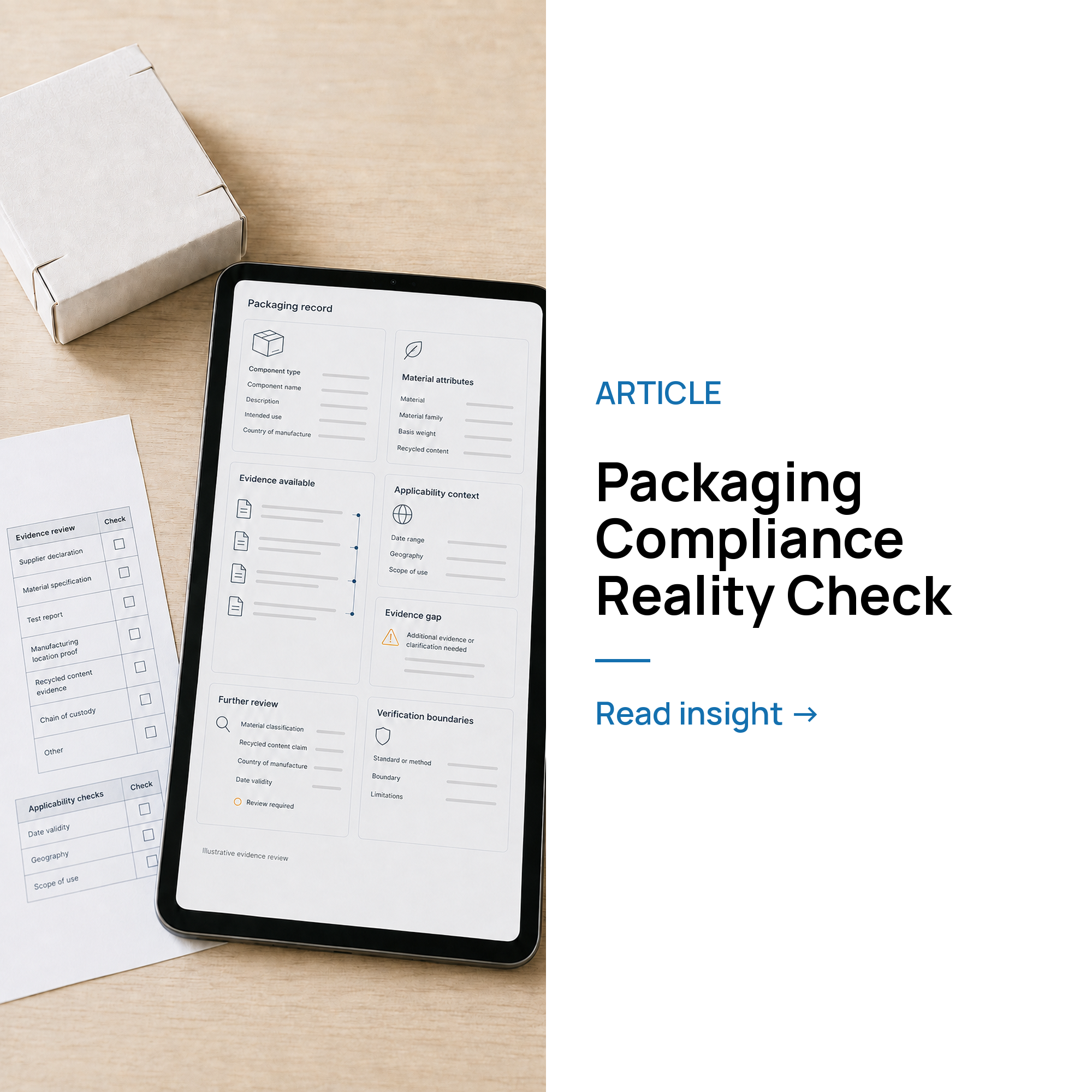 Packaging data record showing compliance information, evidence, review, and approval status.