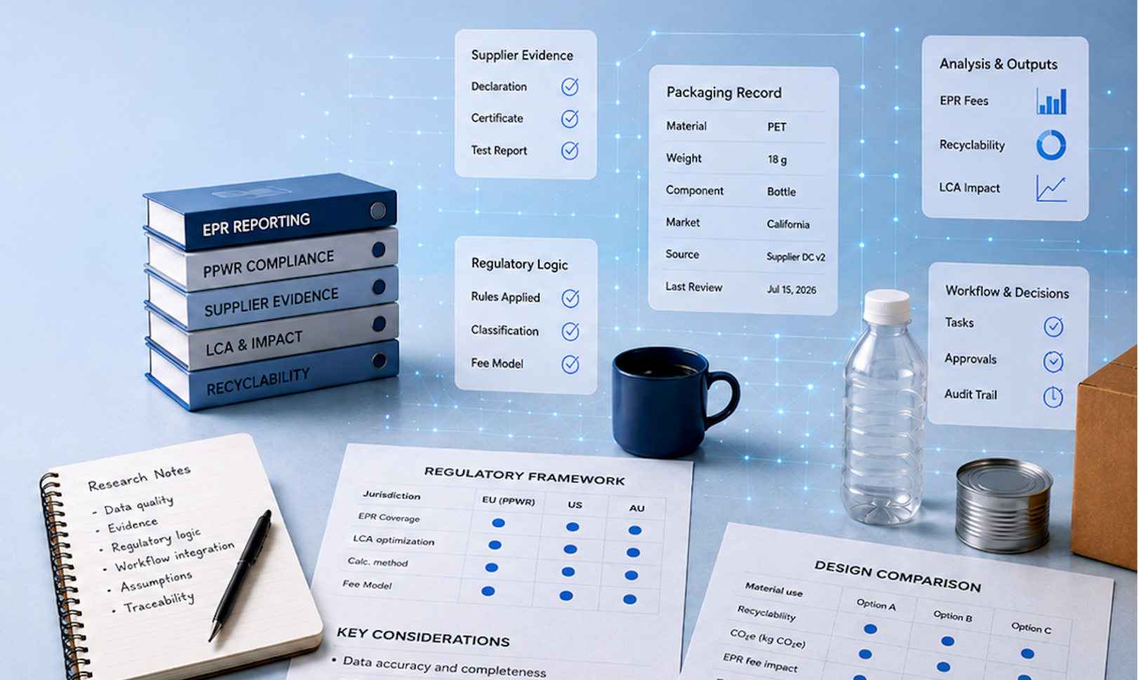 Packaging software analysis connecting EPR, PPWR, supplier evidence, LCA, recyclability, and packaging data.