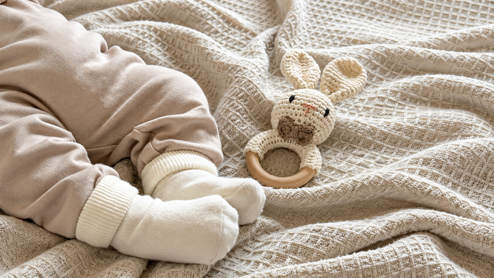 Baby in beige clothing beside a crocheted bunny teething ring on a textured cream blanket